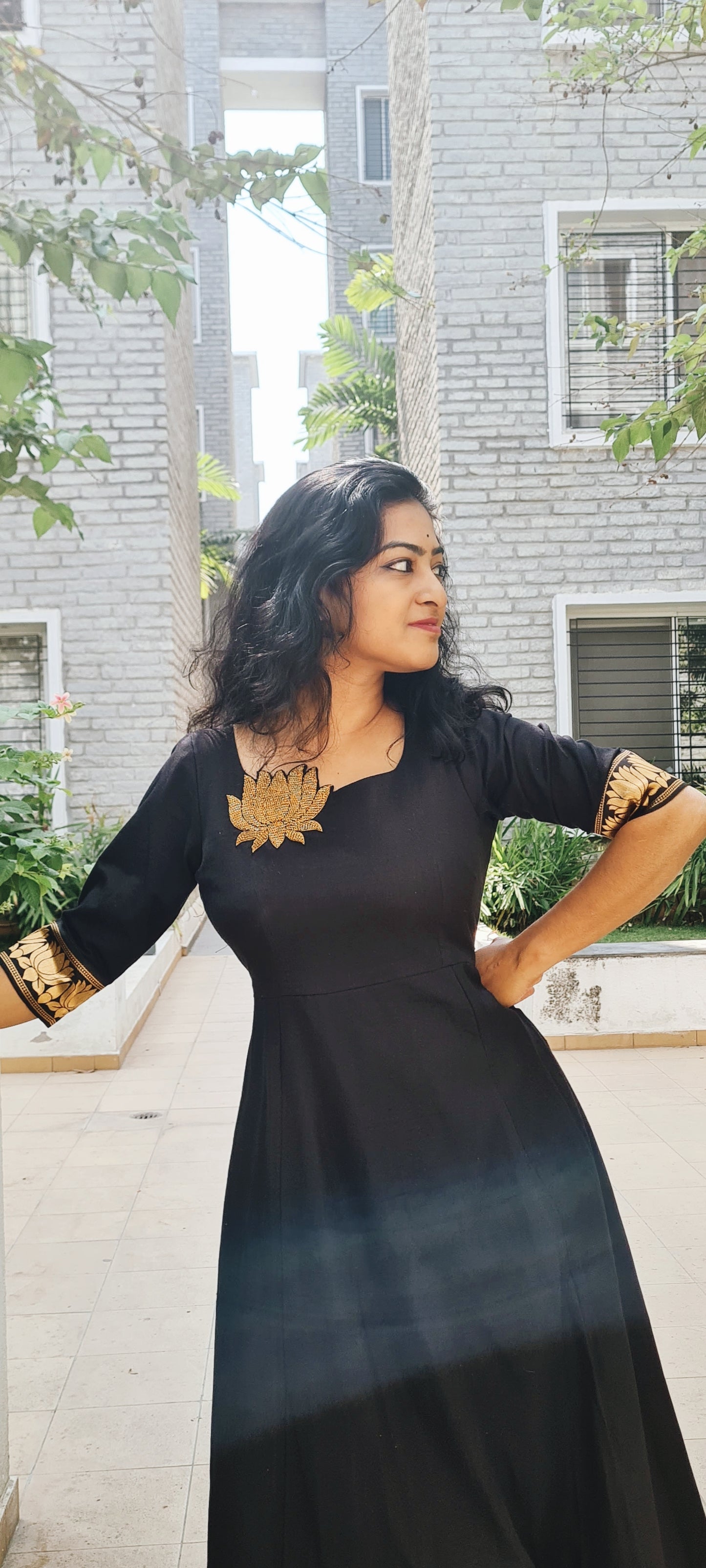 Lotus Bloom: Elegant Black Cotton Frock