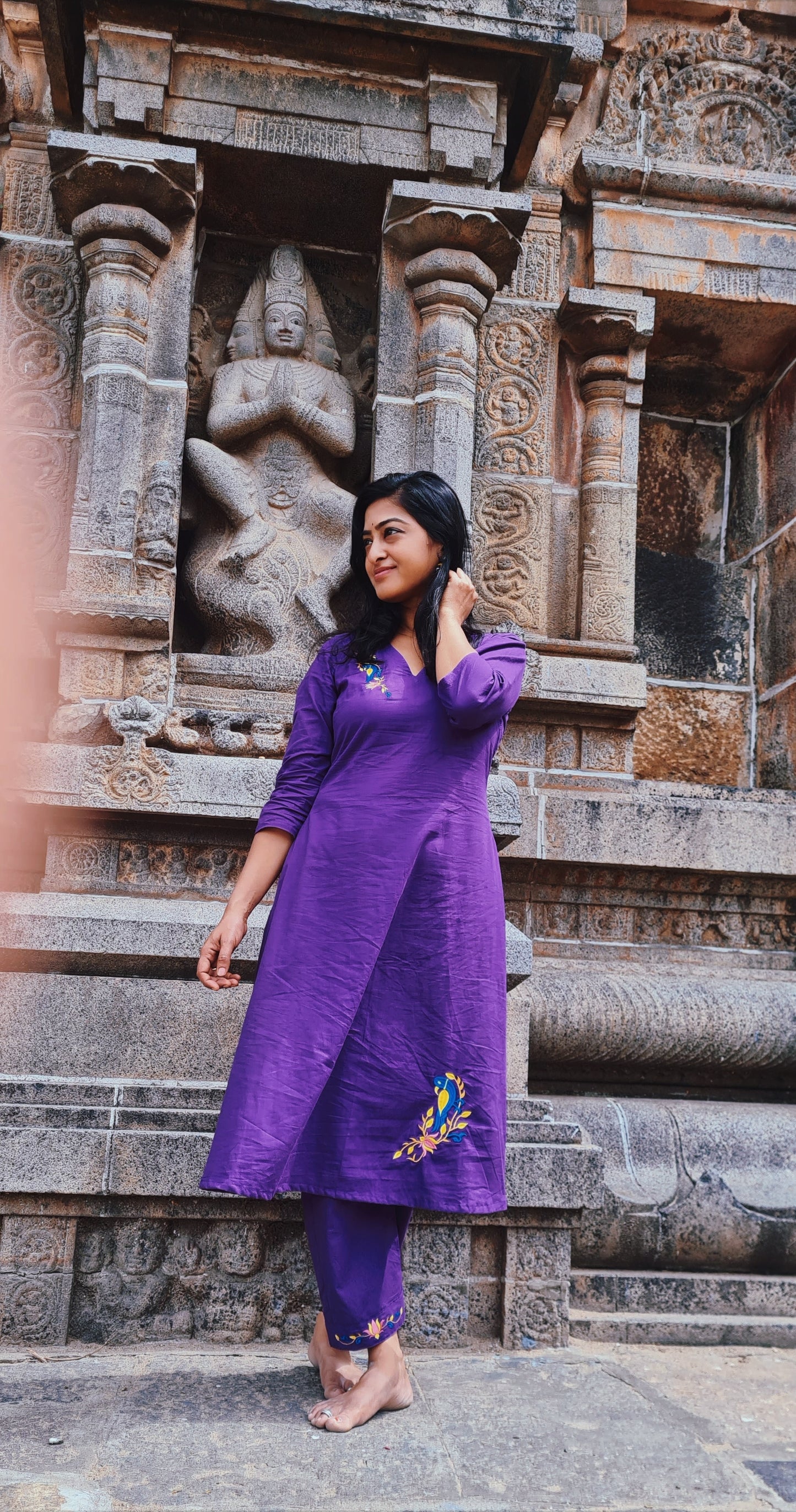 Temple to Office: Comfortable Purple Kurti with Parrot Design