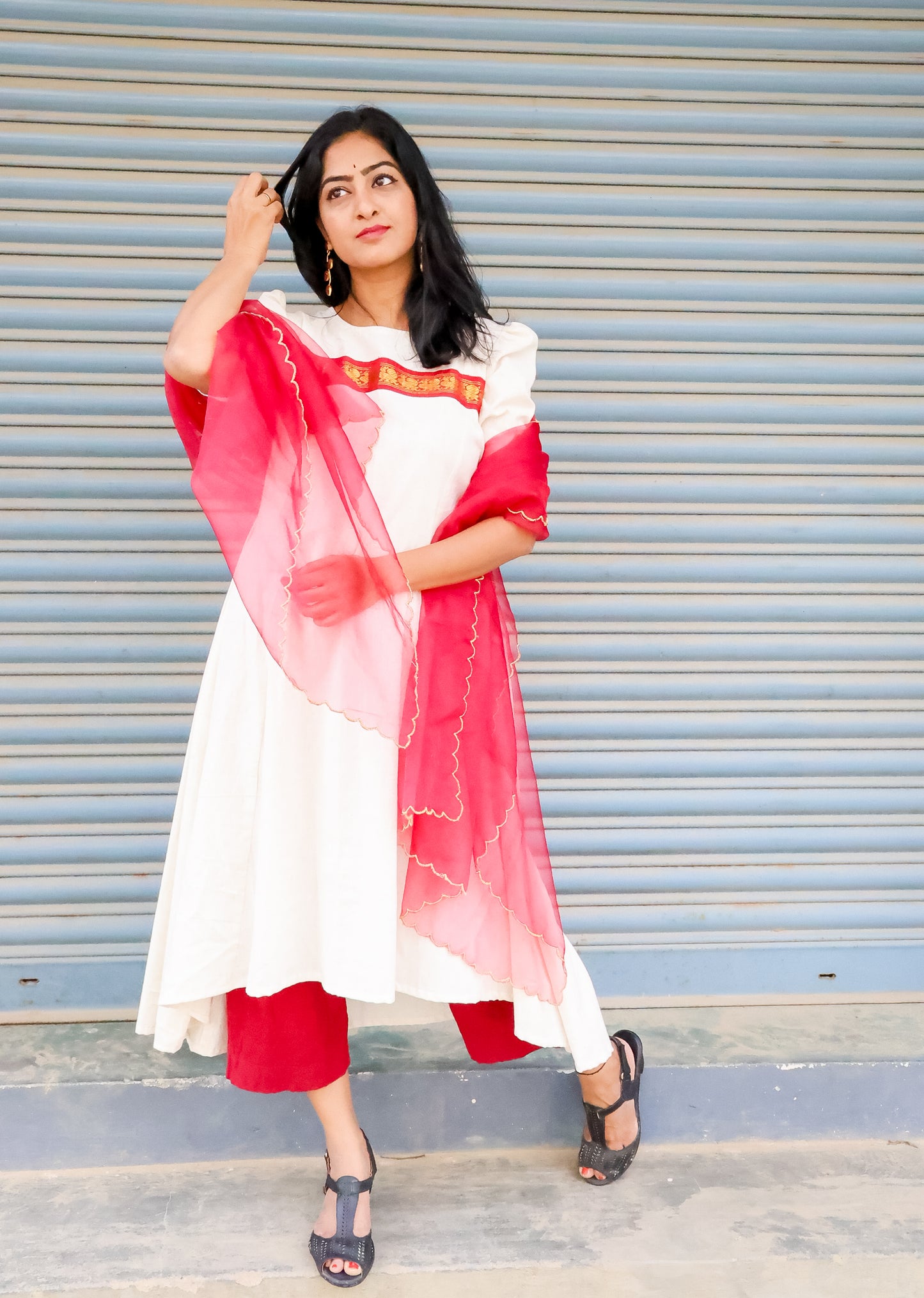 Traditional Charm: Off-White and Maroon Kurti Frock