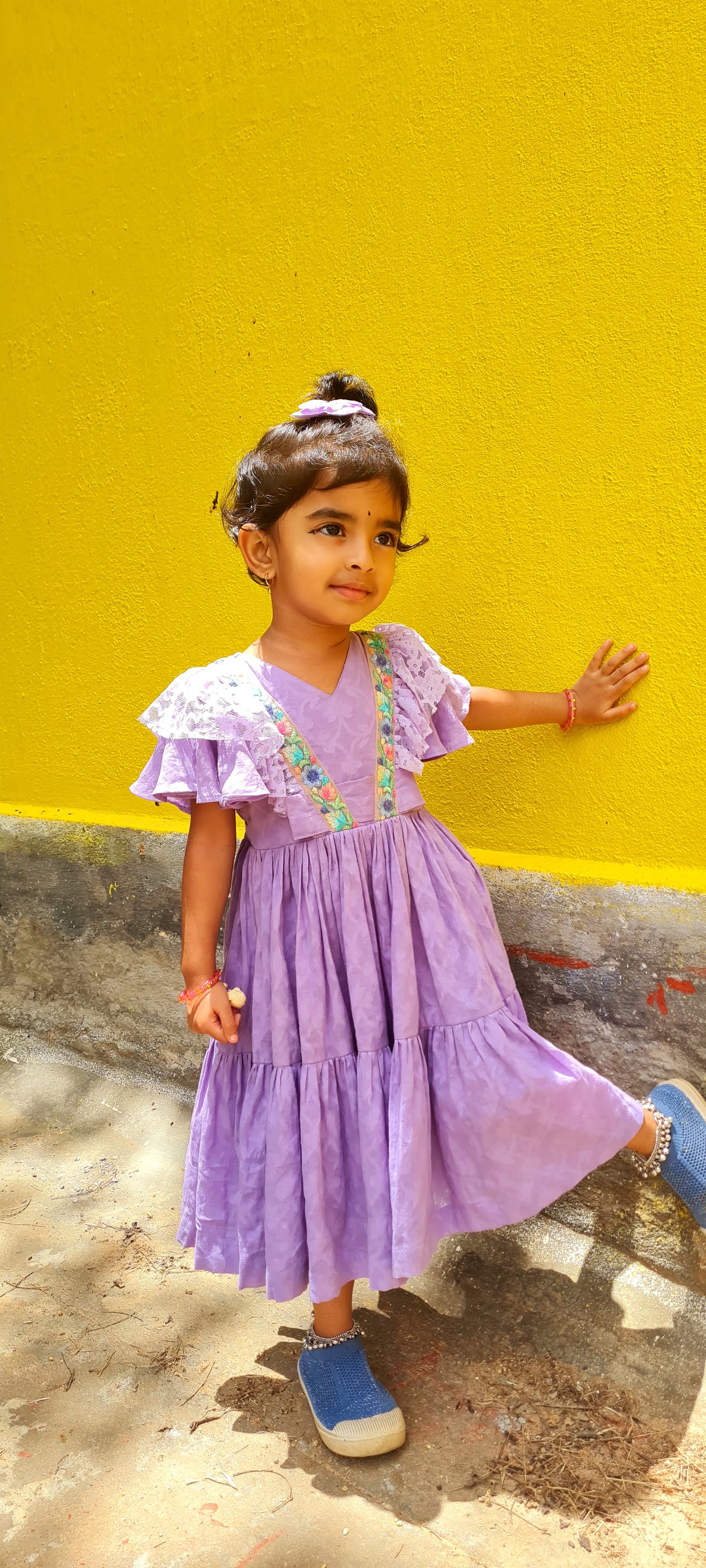 Enchanting Lavender Jacquard Cotton Kids' Frock with Floral Embellishments