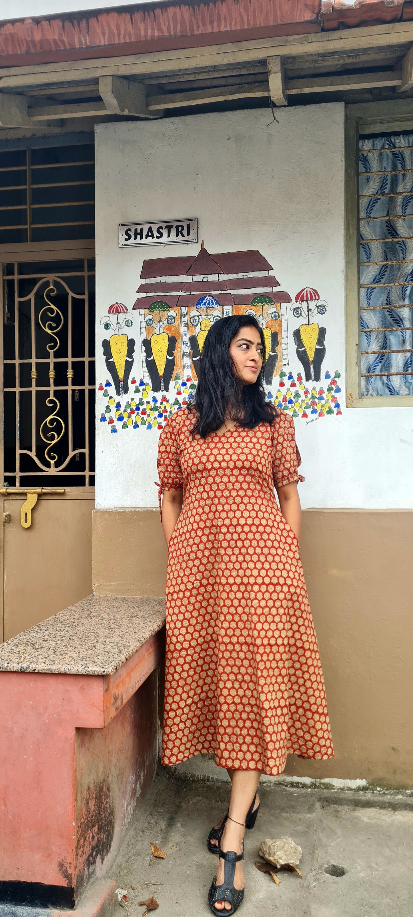 Heritage Chic: Brick Red & Black Hand Block Printed Frock