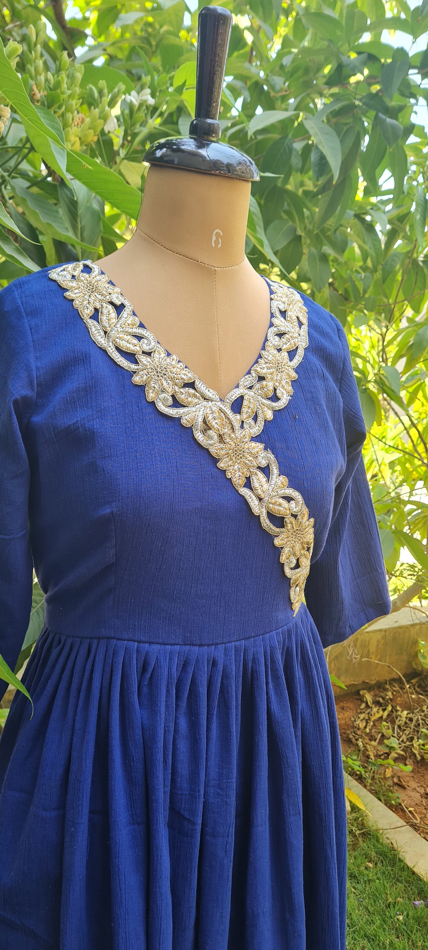 Navy Blue Crush Cotton Frock With Cut work detailing