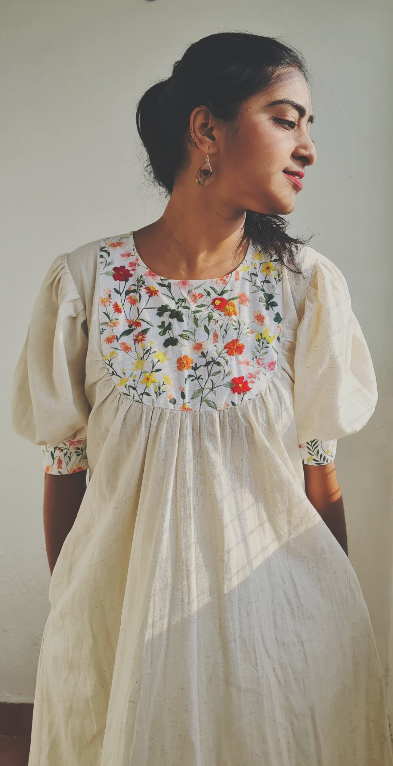 Summer Garden Blooms: Off-White Frock with Hand-Embroidered Floral Patch