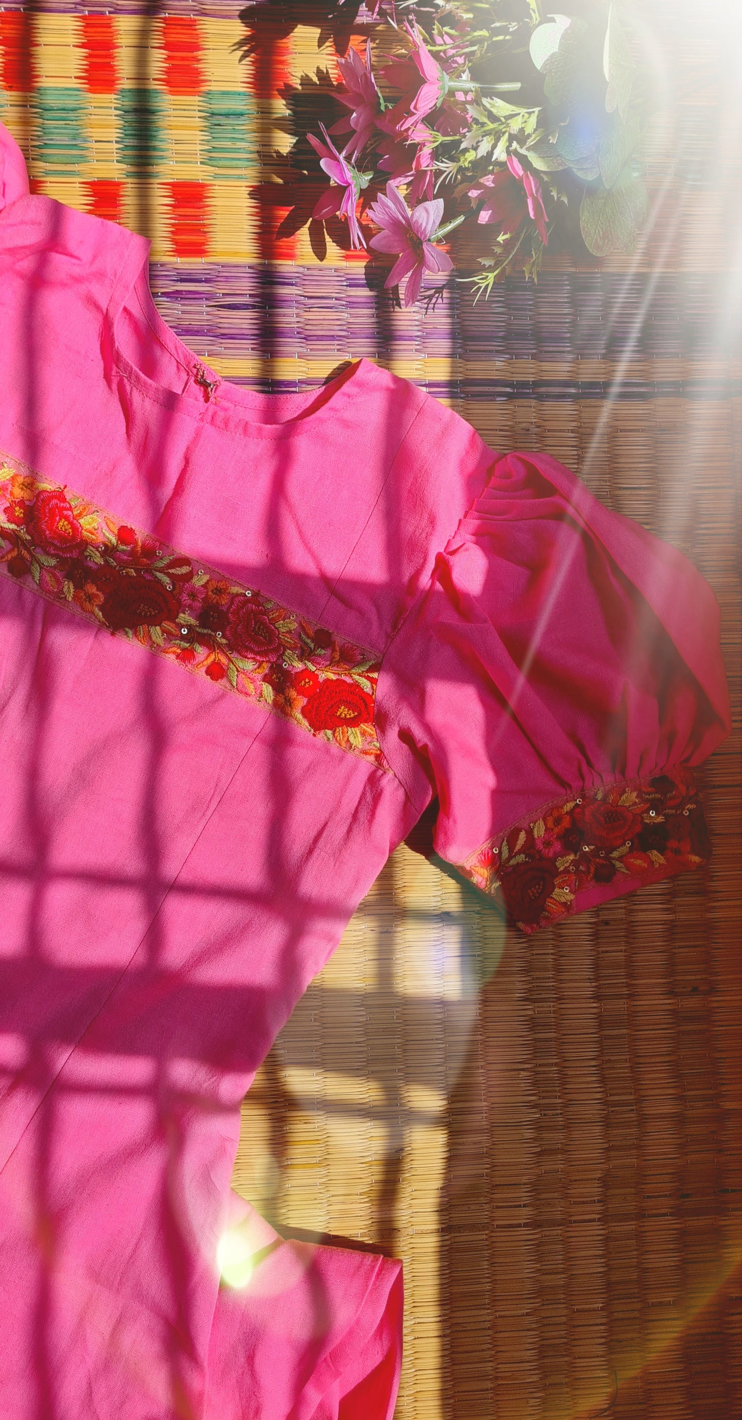 Pink Cotton Frock With Embroidery Patch Work