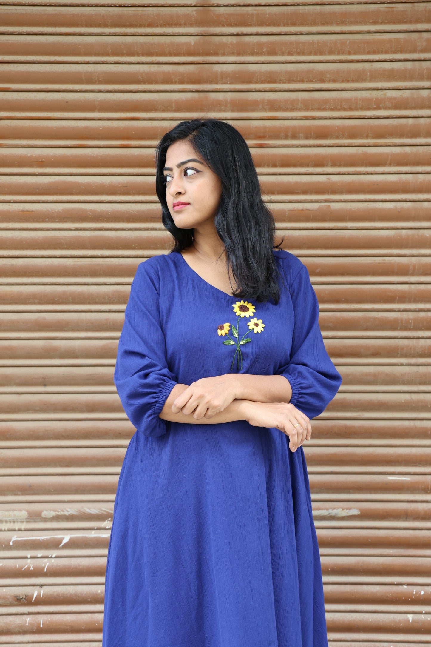 Dreams - Hand Embroidered Dark Blue Cotton Relaxed Fit Frock