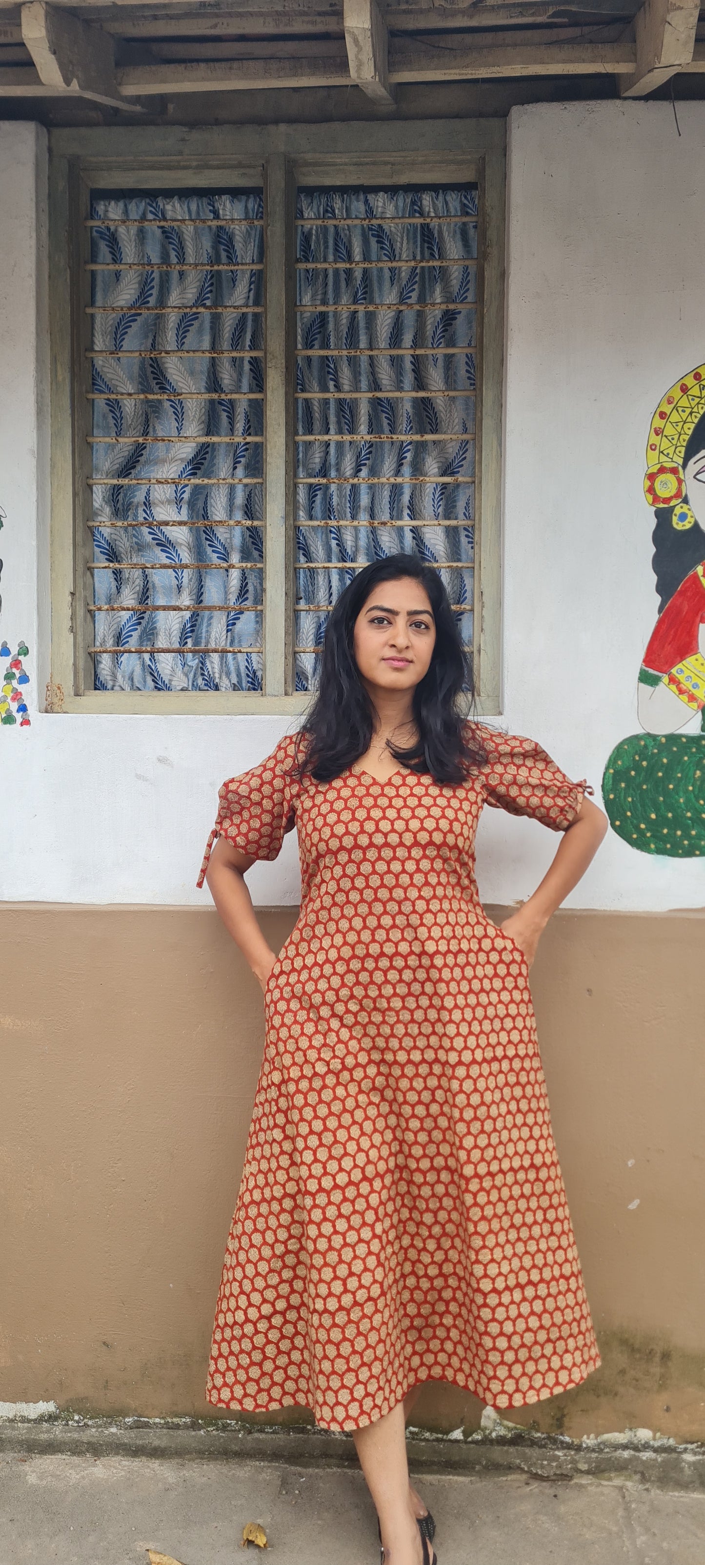 Heritage Chic: Brick Red & Black Hand Block Printed Frock
