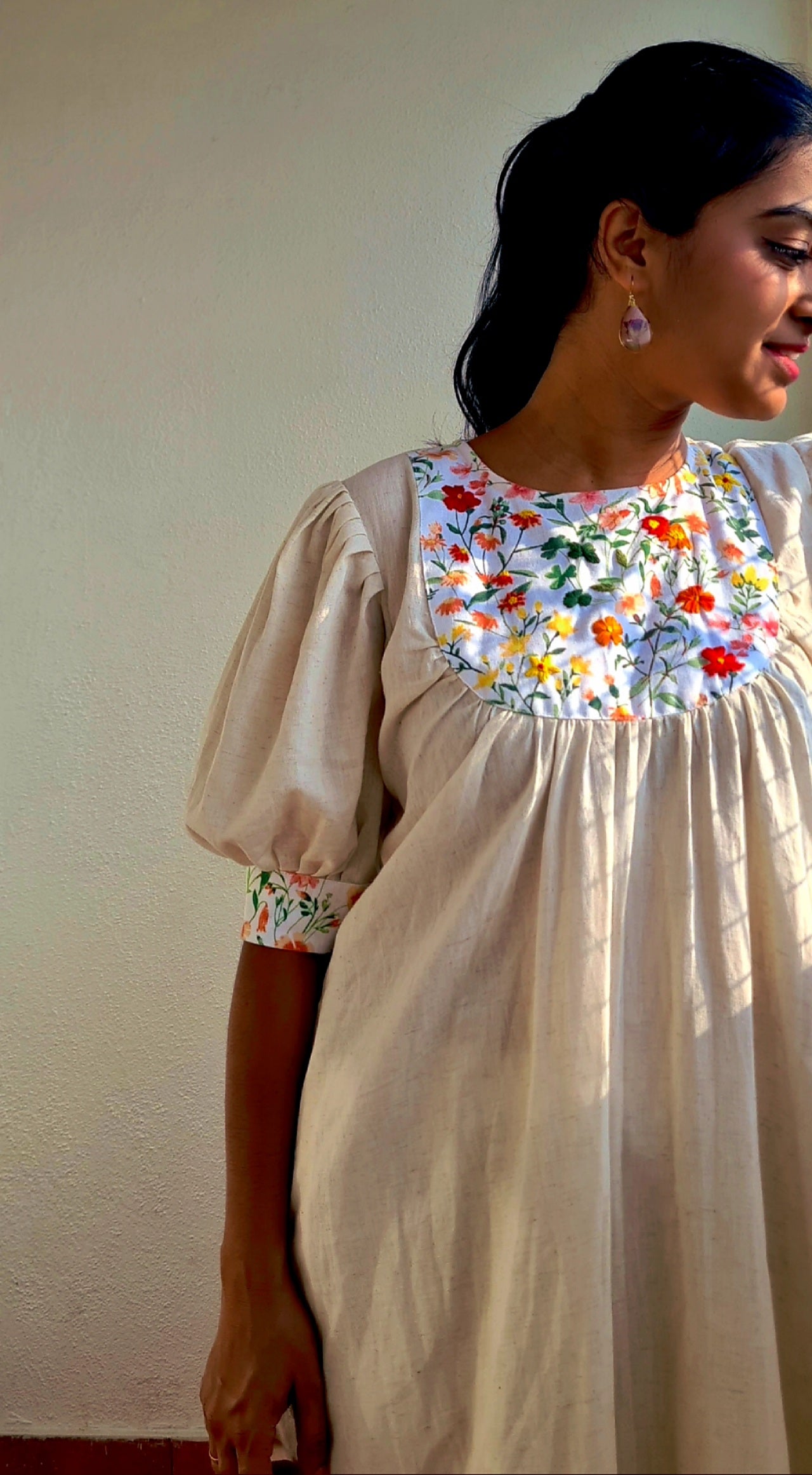 Summer Garden Blooms: Off-White Frock with Hand-Embroidered Floral Patch