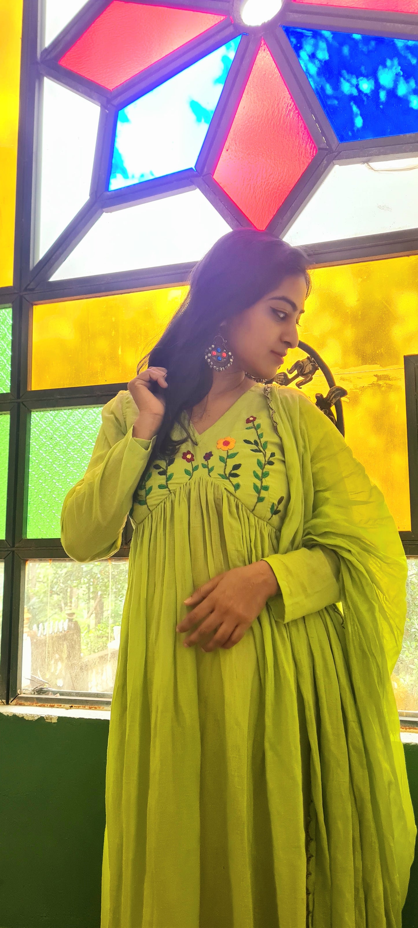 Parrot Green Alia Cut Mul Cotton Top with Dupatta | Hand Embroidery Elegance