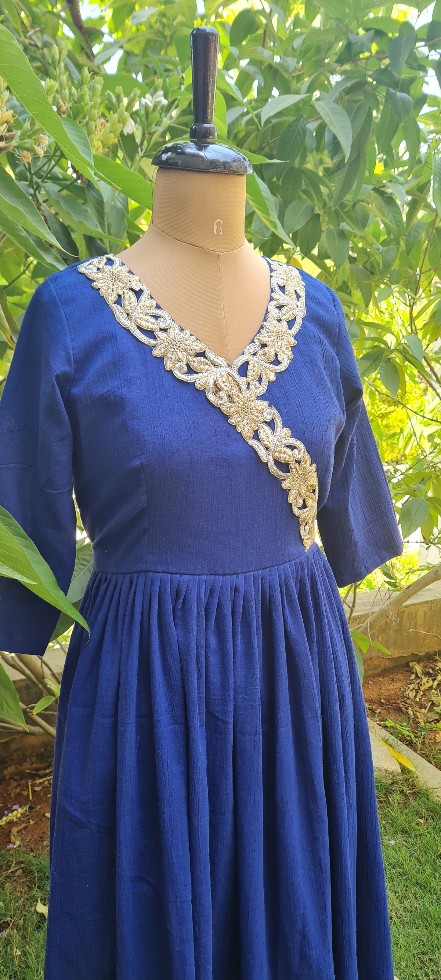 Navy Blue Crush Cotton Frock With Cut work detailing