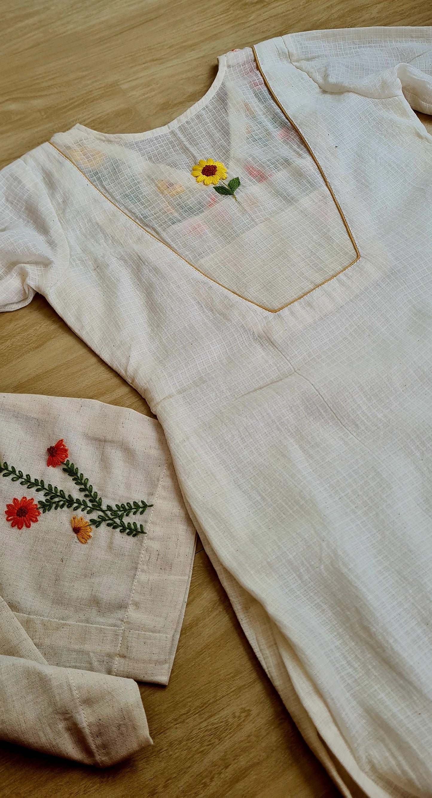 Marigold Meadow: Hand-Embroidered Onam Kurti Set