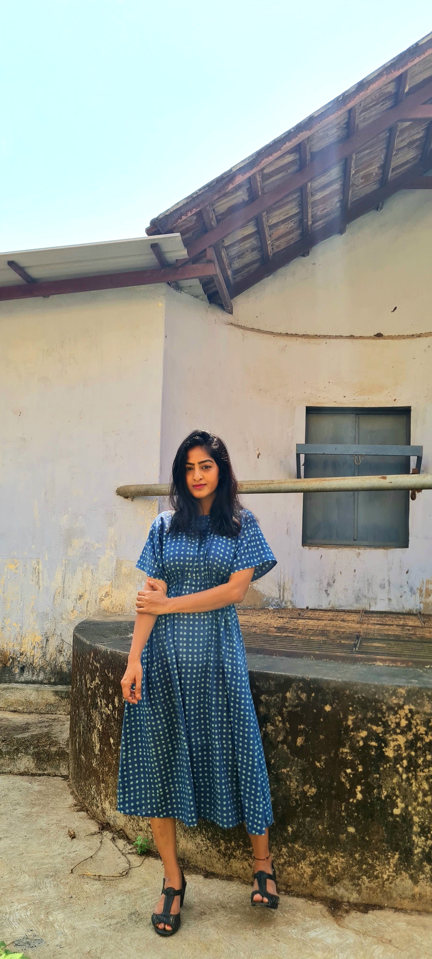 Breezy Elegance: Blue Polka Mul Cotton Kaftan Frock