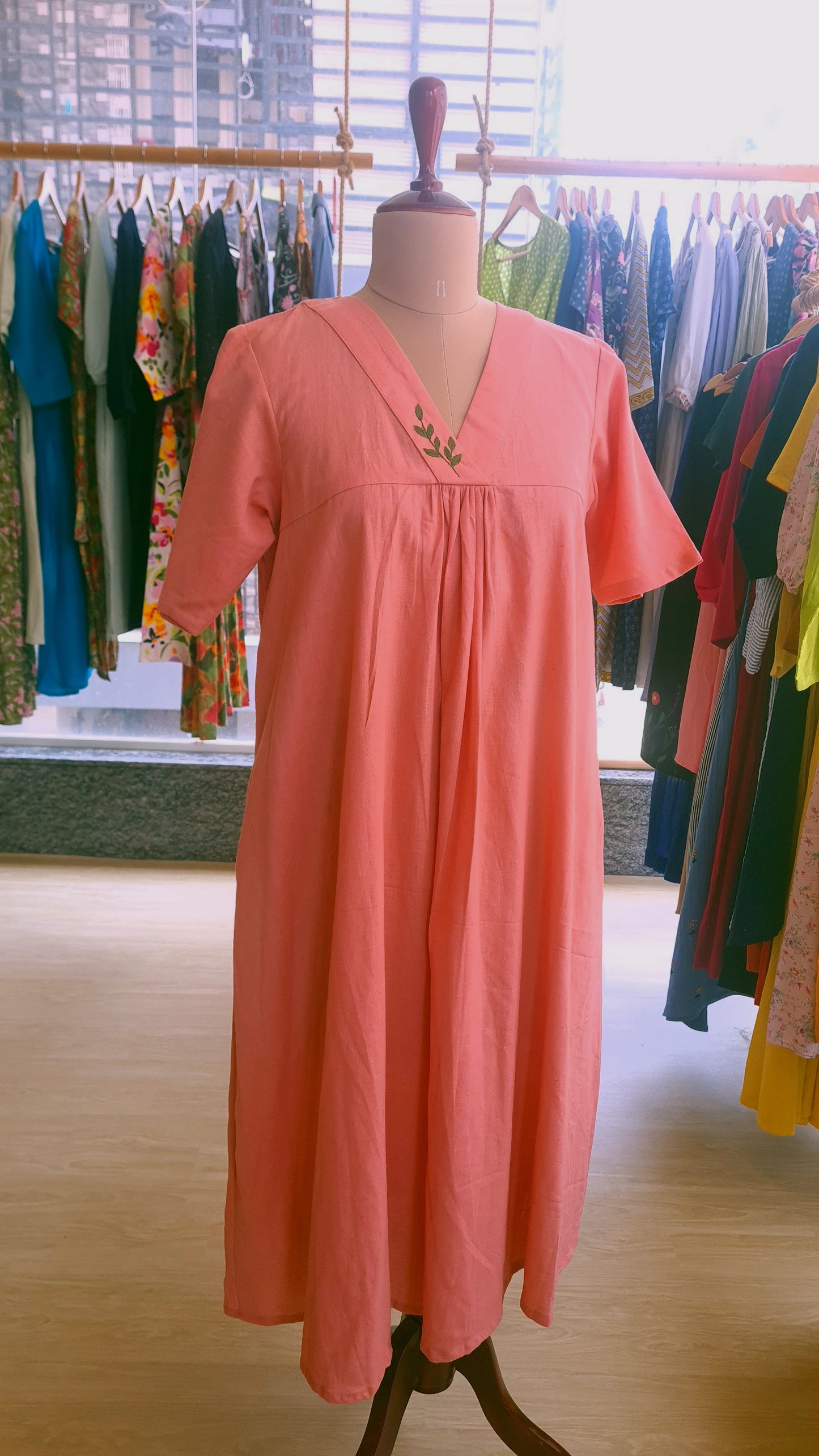 Blush Breeze: Hand-Embroidered Cotton Comfort Dress