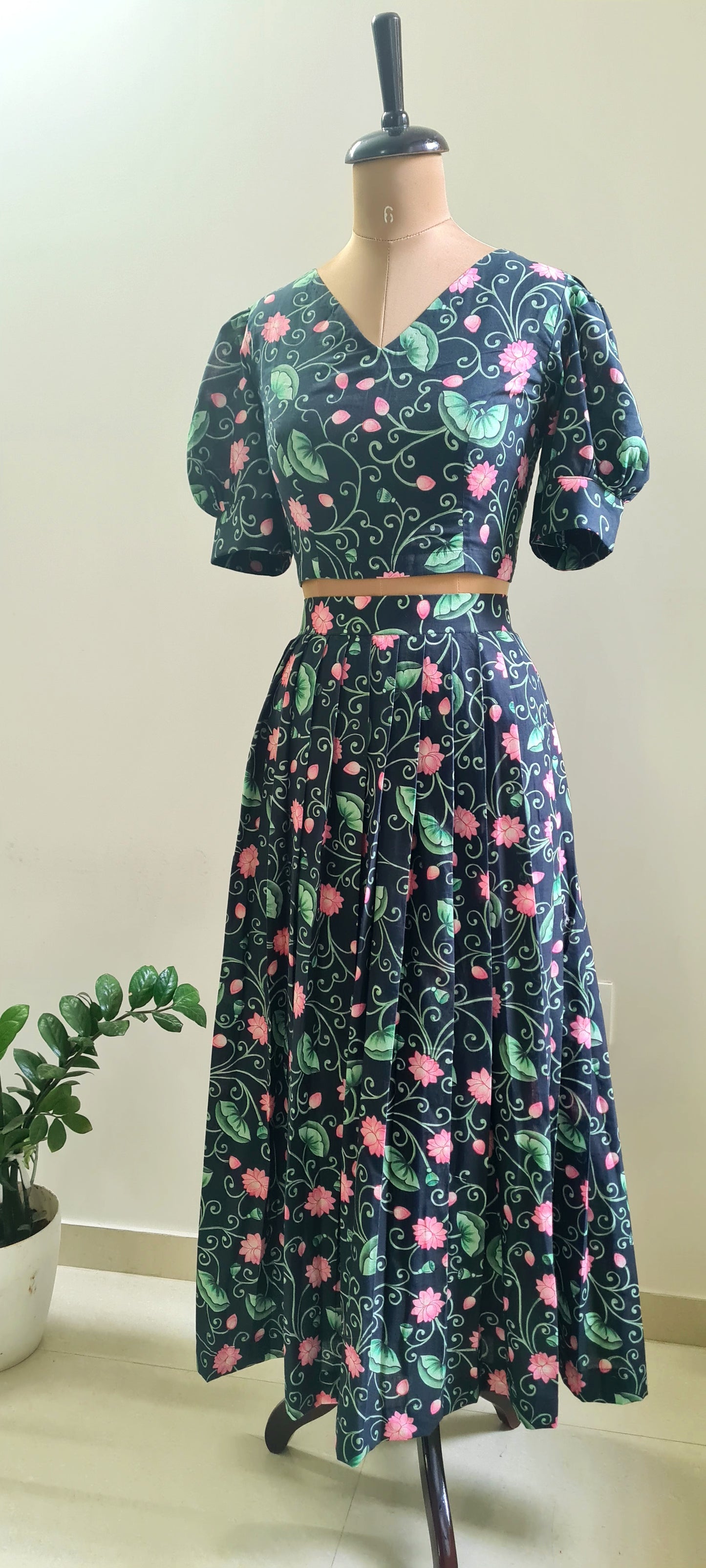Eternal Elegance: Black Cotton Lotus Print Skirt and Top Ensemble