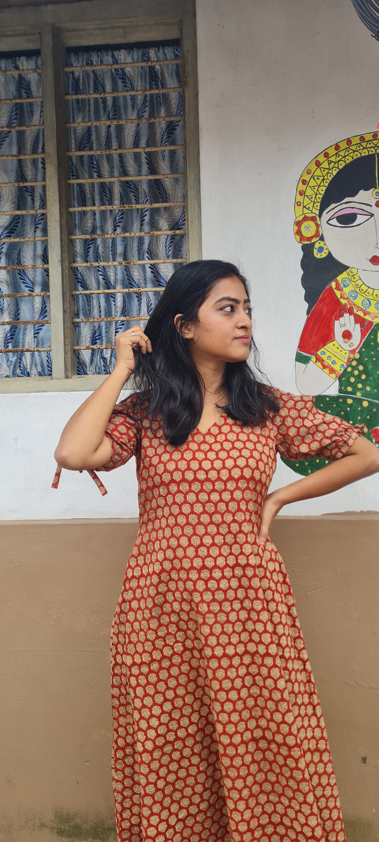 Heritage Chic: Brick Red & Black Hand Block Printed Frock