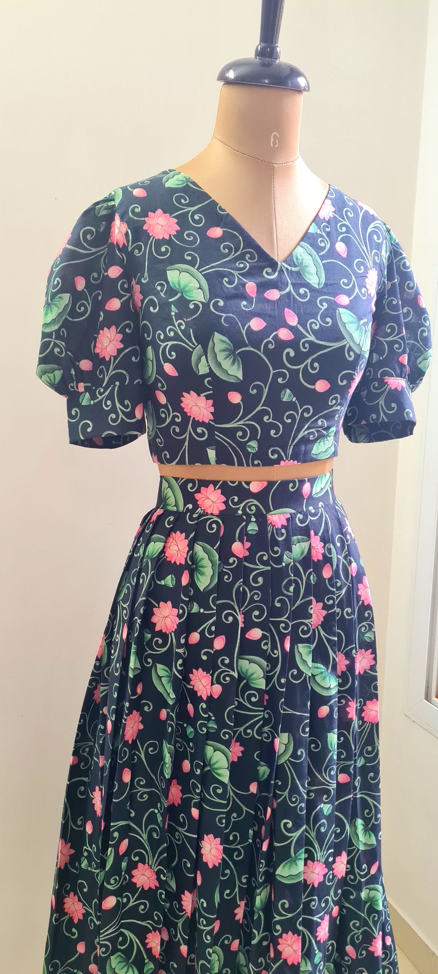 Eternal Elegance: Black Cotton Lotus Print Skirt and Top Ensemble