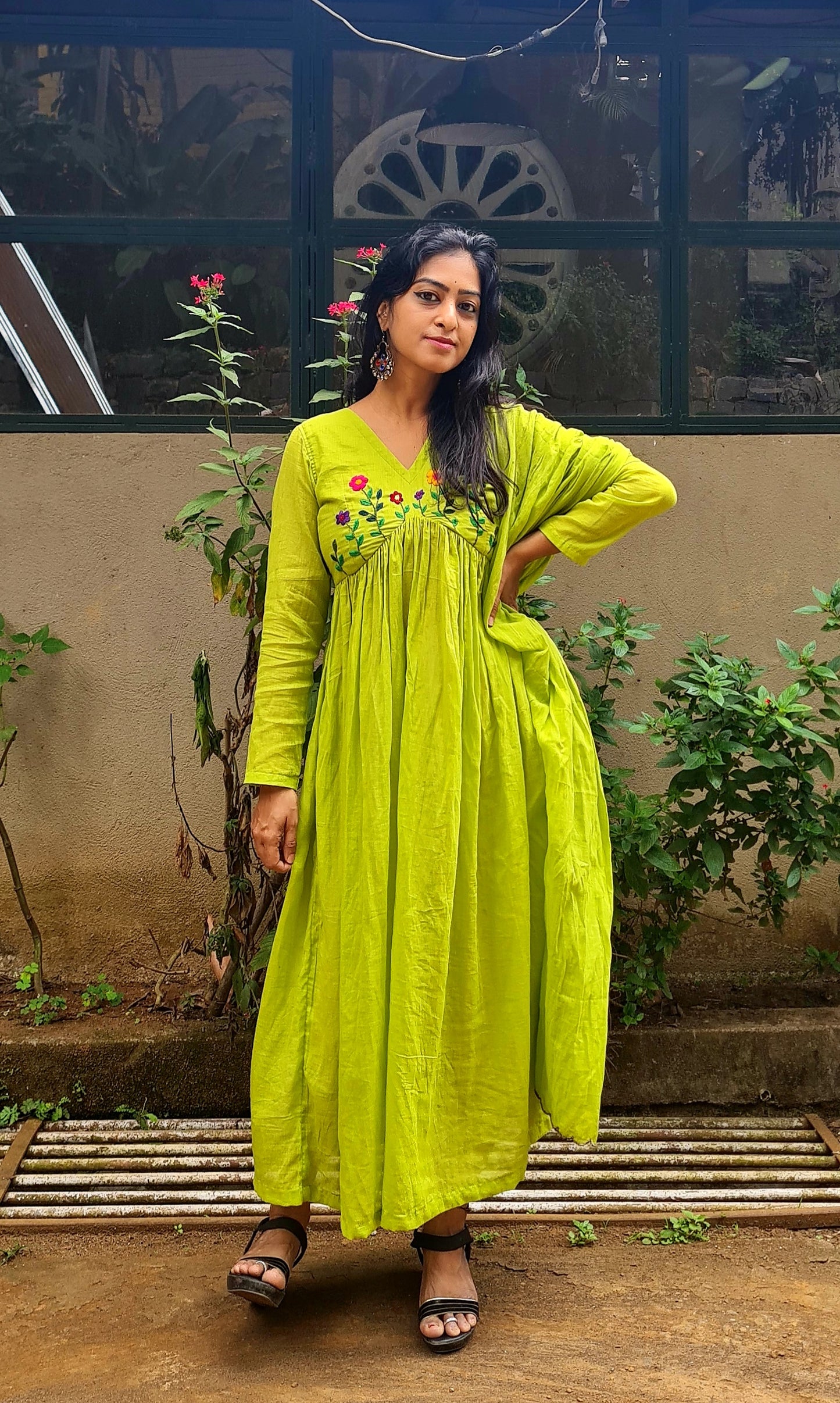 Parrot Green Alia Cut Mul Cotton Top with Dupatta | Hand Embroidery Elegance
