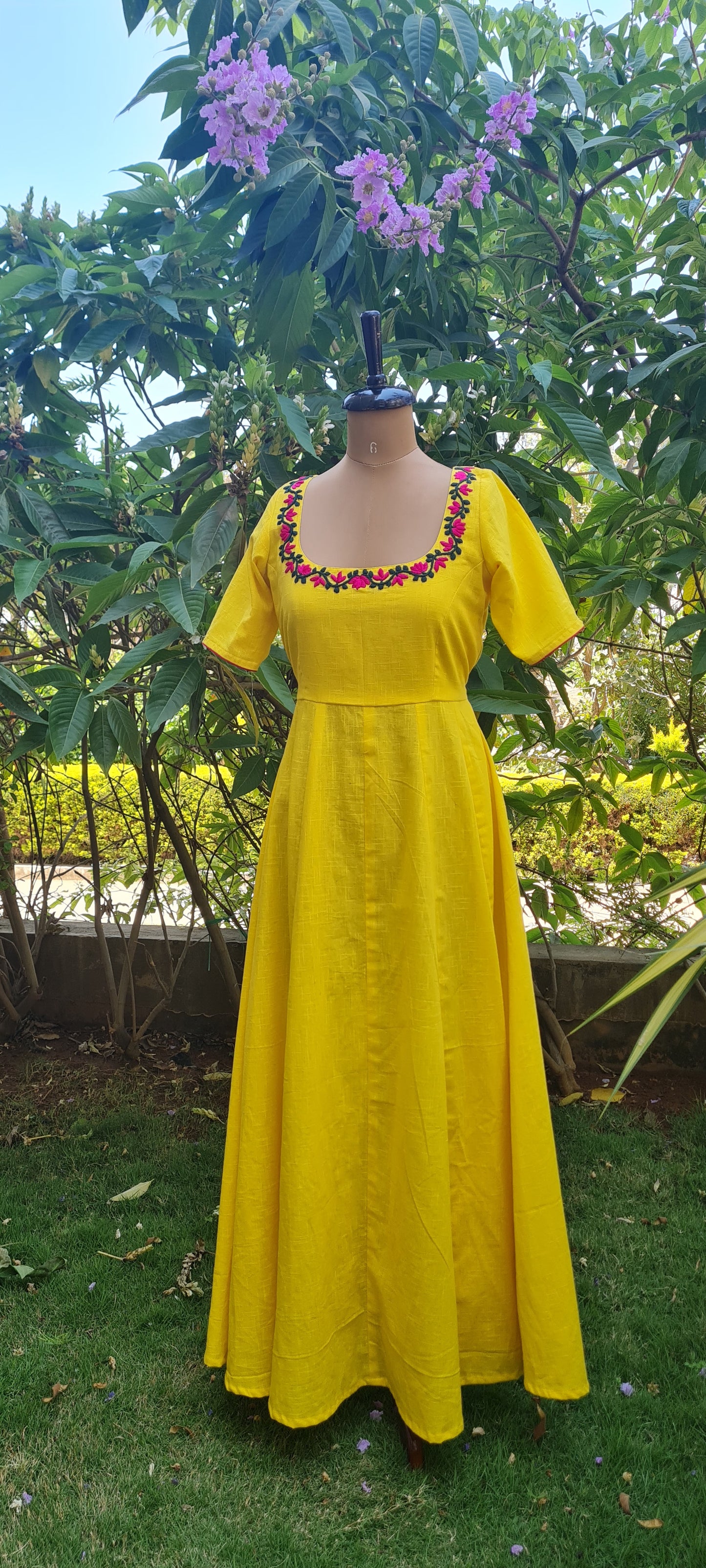 Lotus Bloom: Yellow Cotton Frock with Hand Embroidery