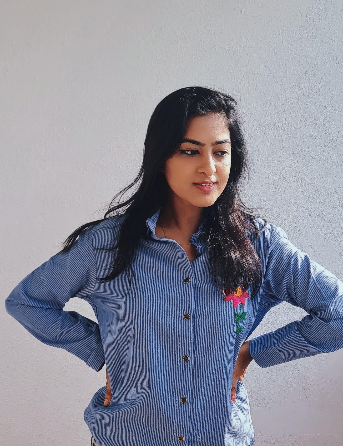 Striped Elegance with a Pop of Pink..Collar Shirt For Woman