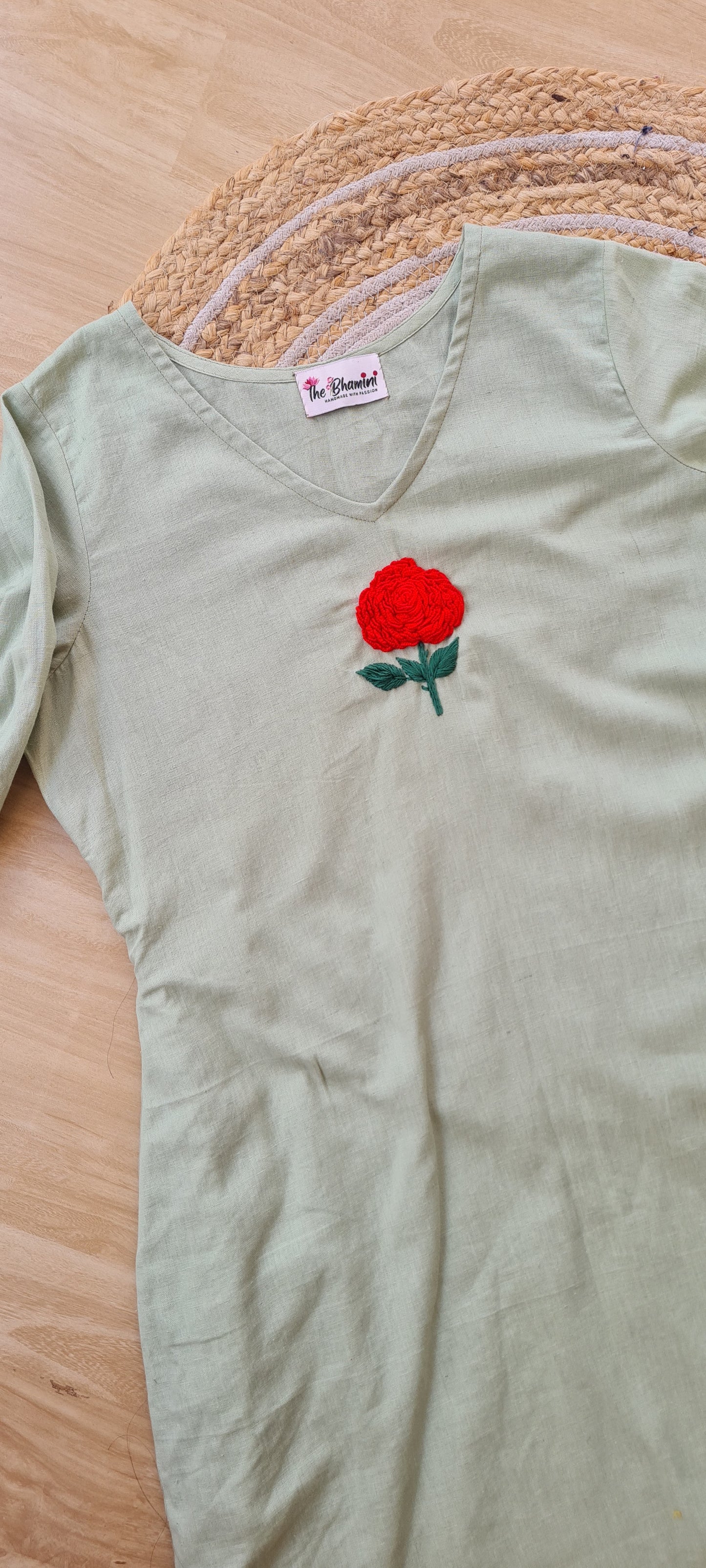 Pista Green Hand Embroidered Elegance - Handcrafted Cotton Top with Pocket
