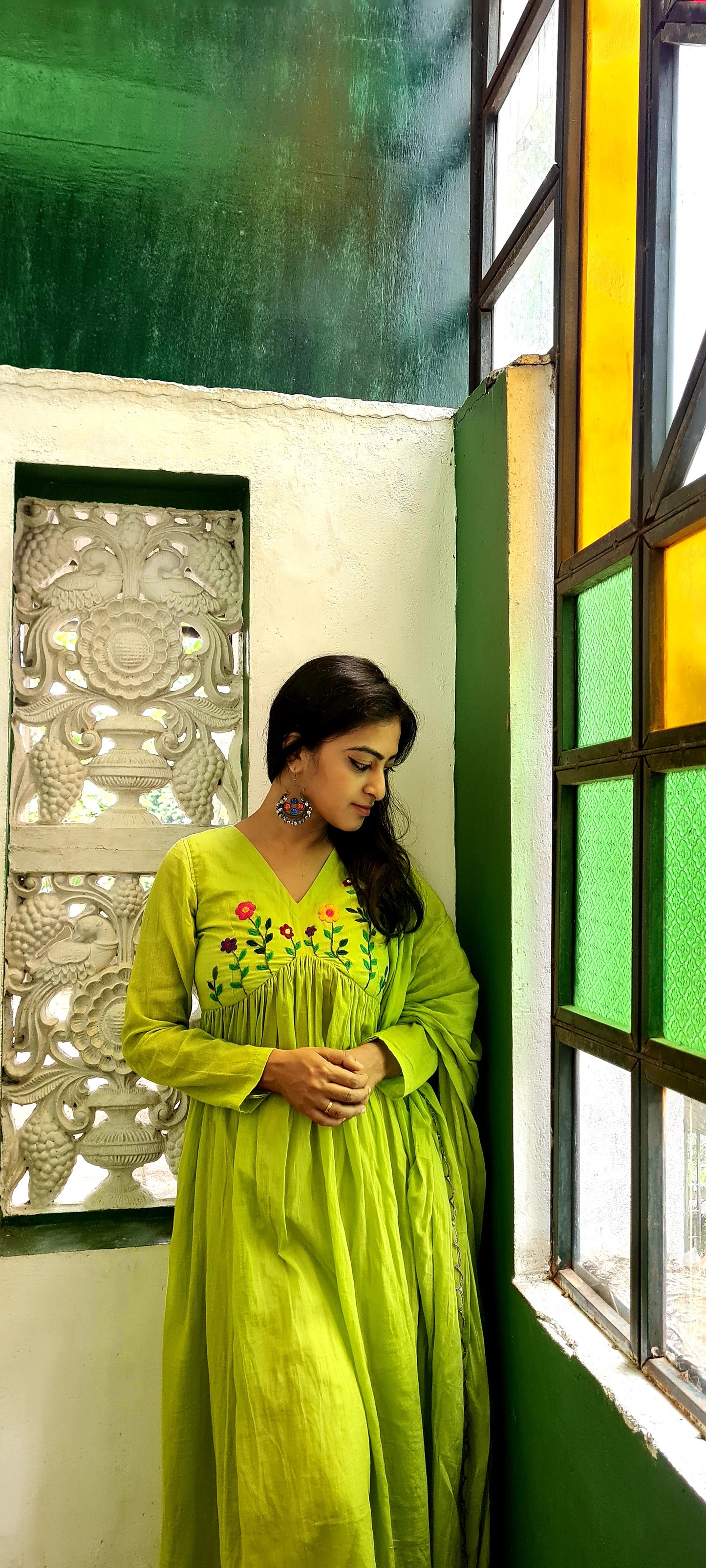 Parrot Green Alia Cut Mul Cotton Top with Dupatta | Hand Embroidery Elegance