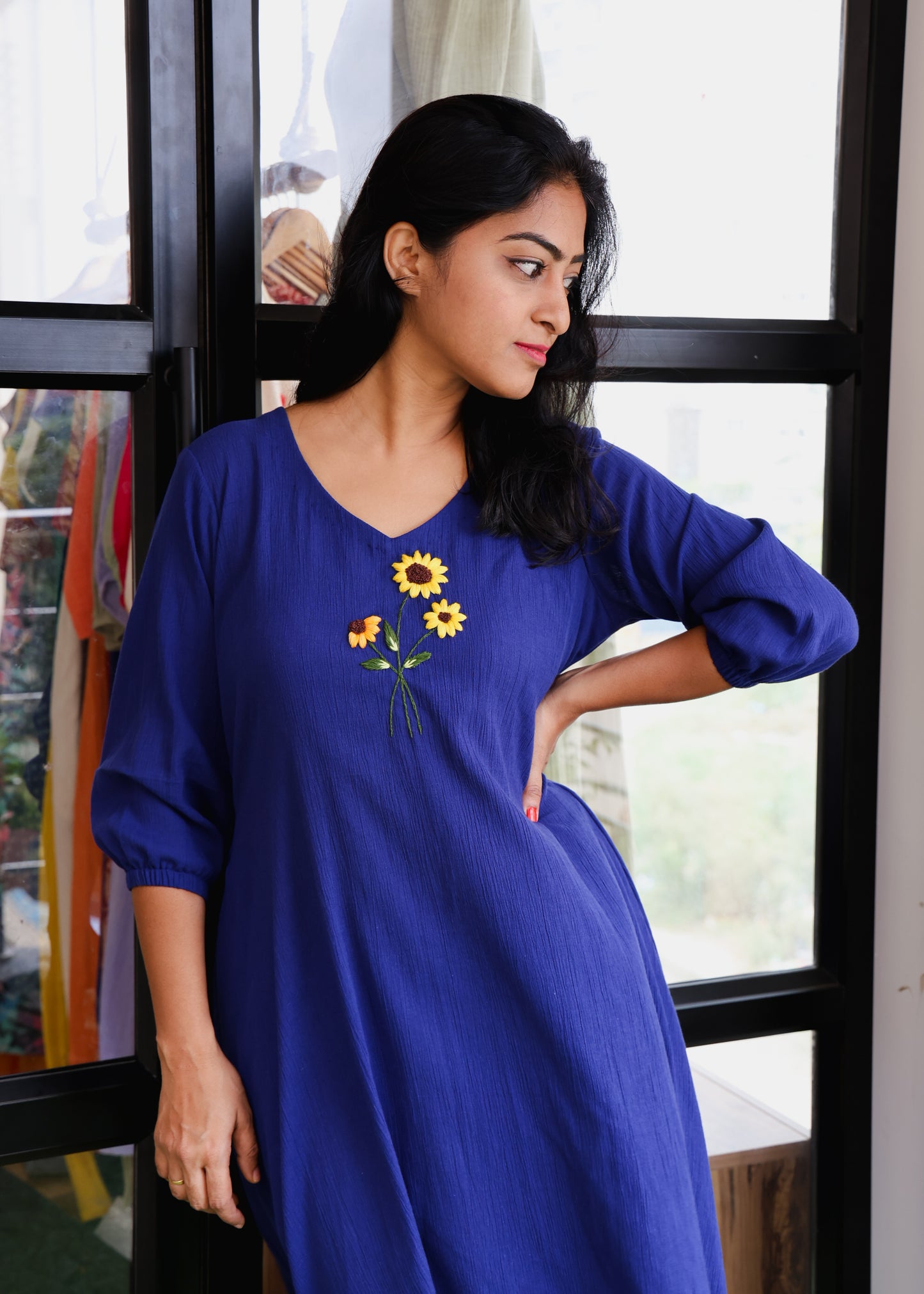 Dreams - Hand Embroidered Dark Blue Cotton Relaxed Fit Frock