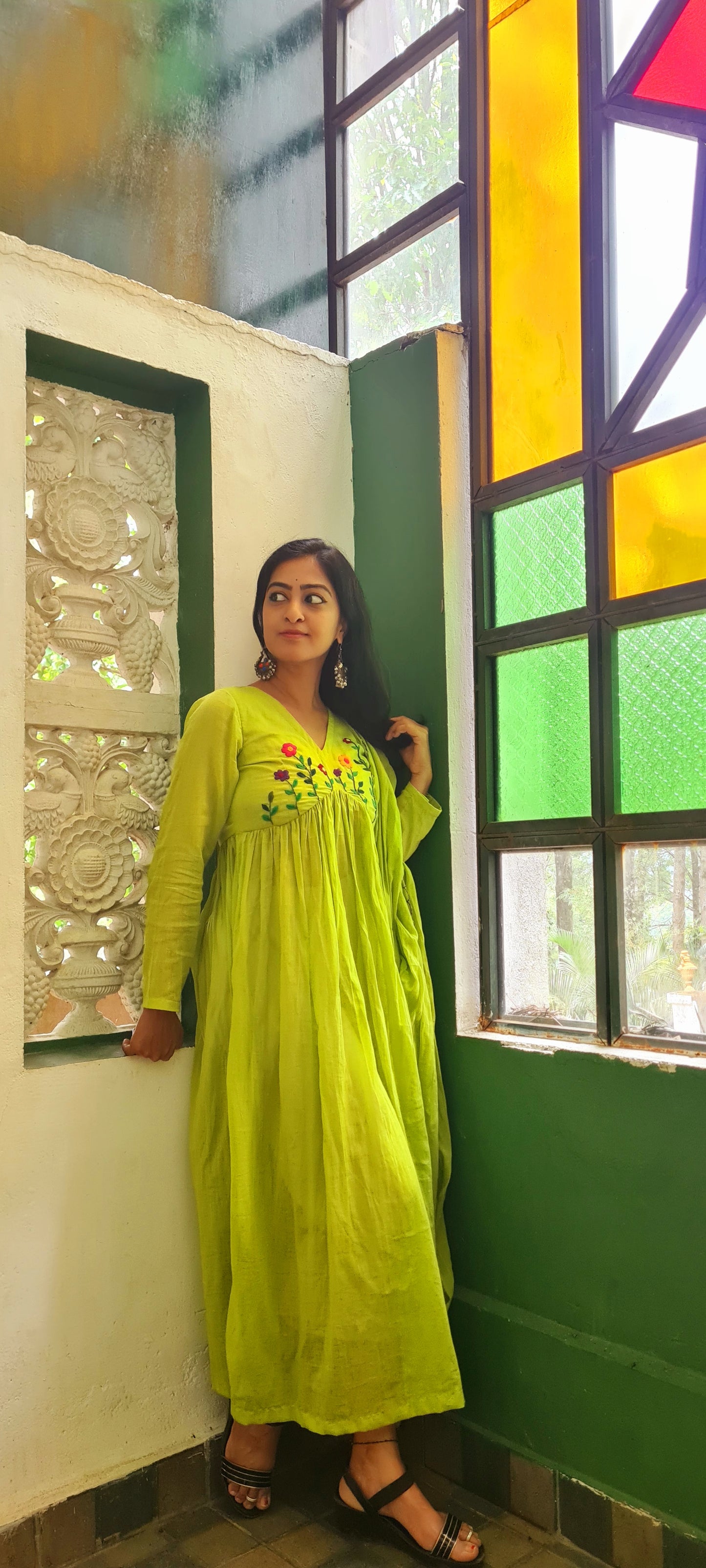 Parrot Green Alia Cut Mul Cotton Top with Dupatta | Hand Embroidery Elegance