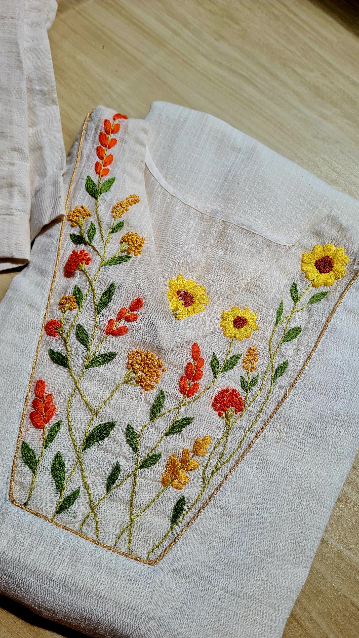 Marigold Meadow: Hand-Embroidered Onam Kurti Set