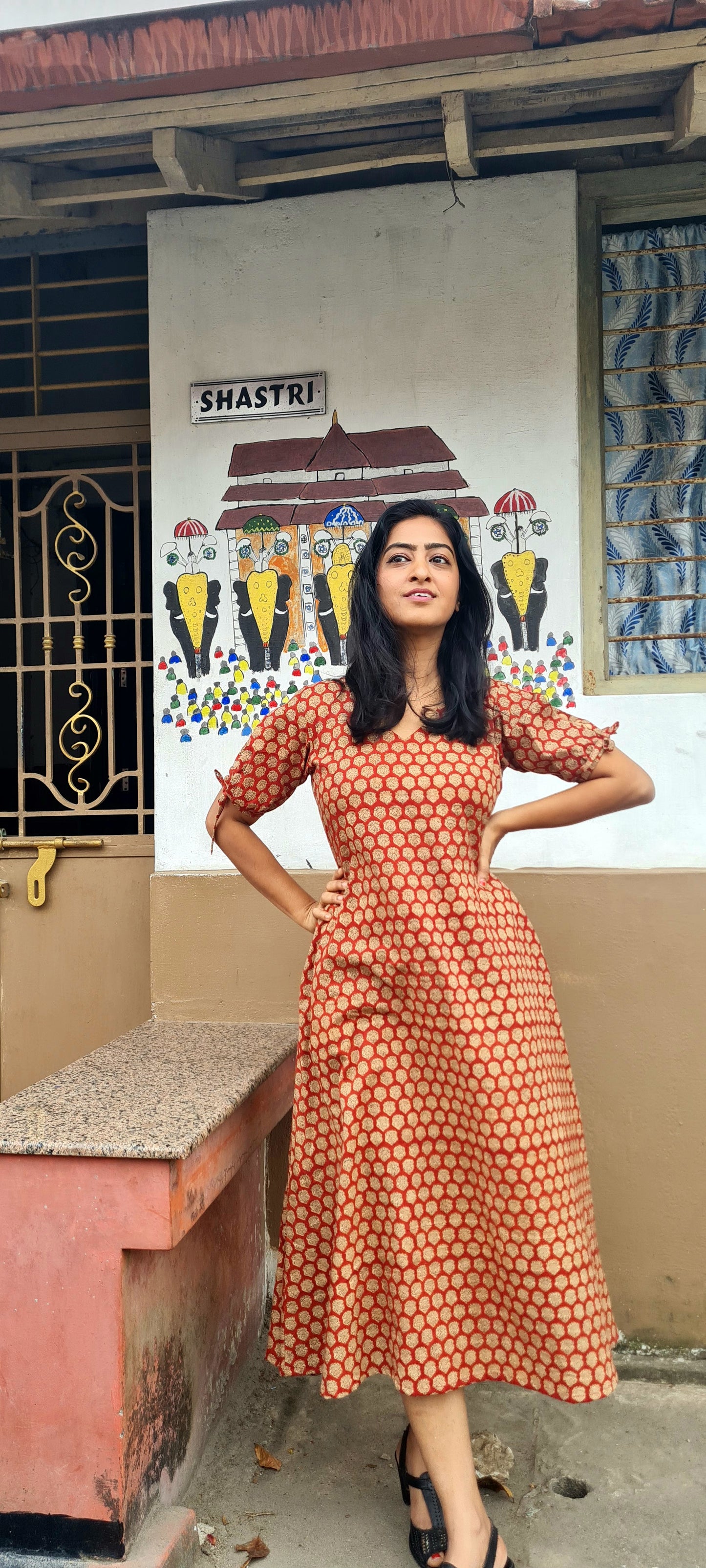 Heritage Chic: Brick Red & Black Hand Block Printed Frock