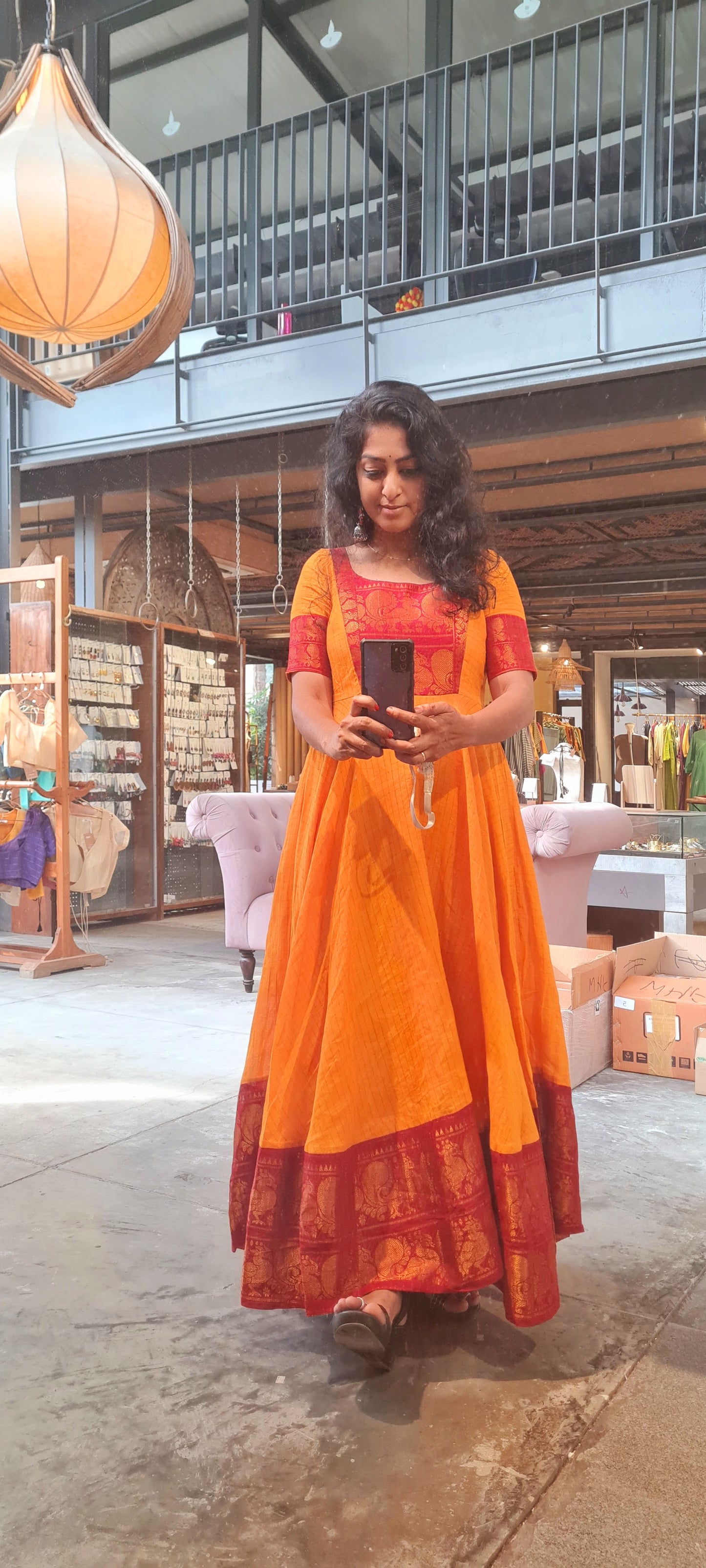 Sangam Splendor: Orange & Maroon Sungudi Cotton Frock..
