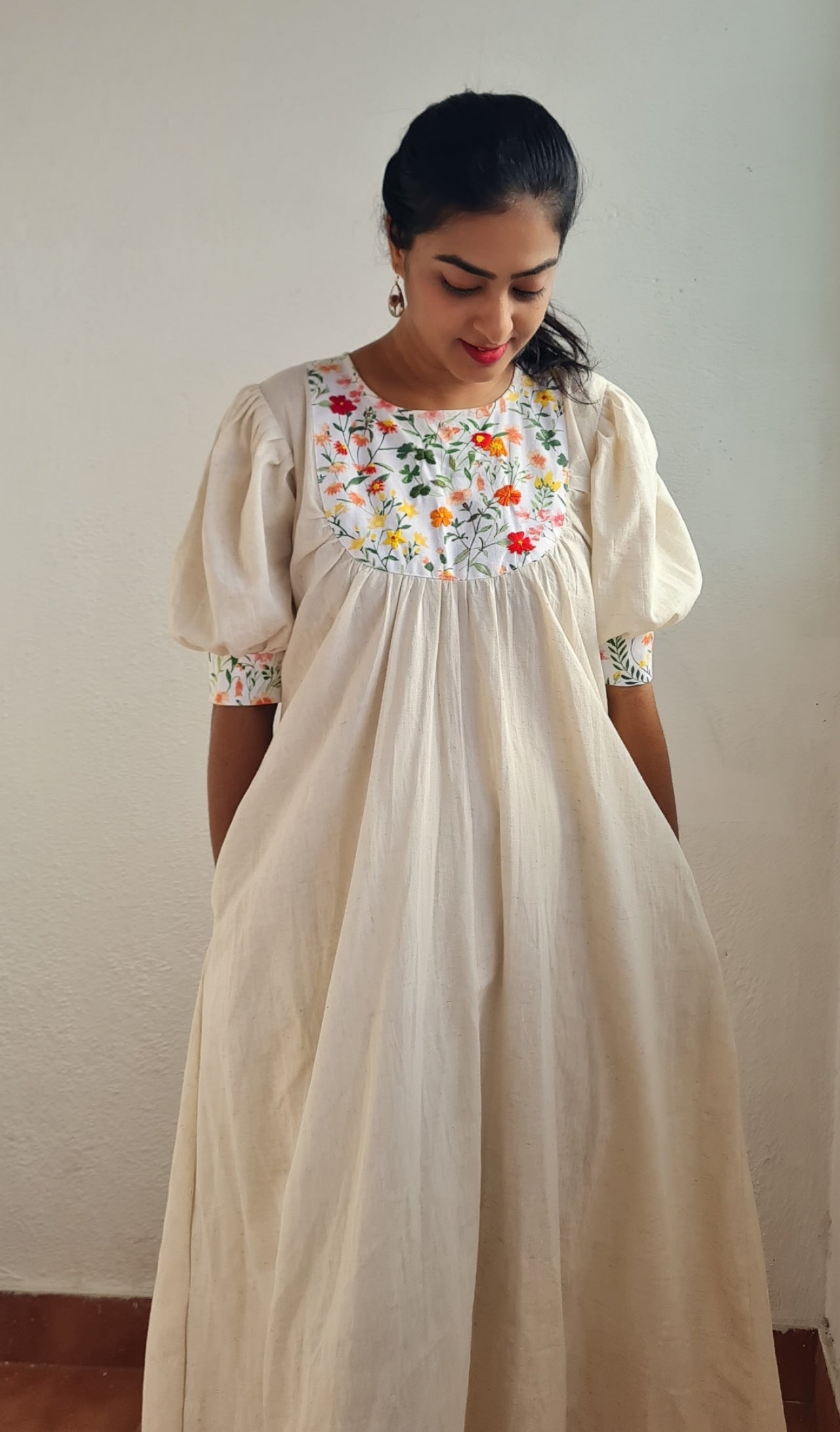 Summer Garden Blooms: Off-White Frock with Hand-Embroidered Floral Patch