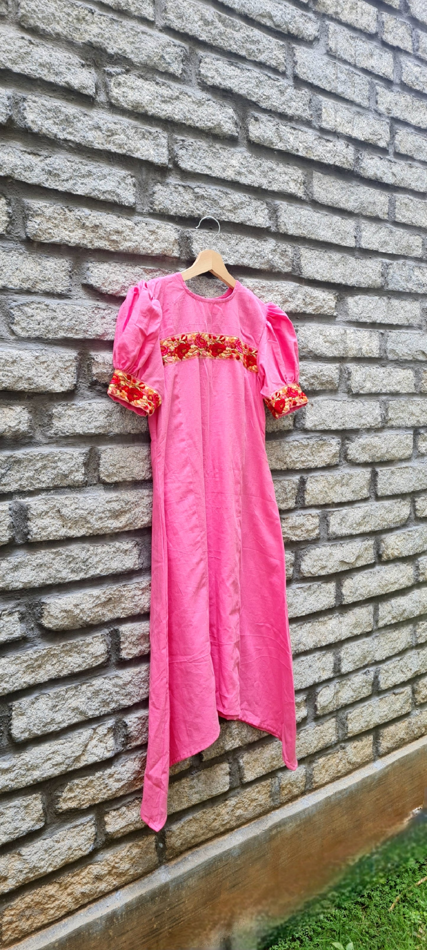 Pink Cotton Frock With Embroidery Patch Work