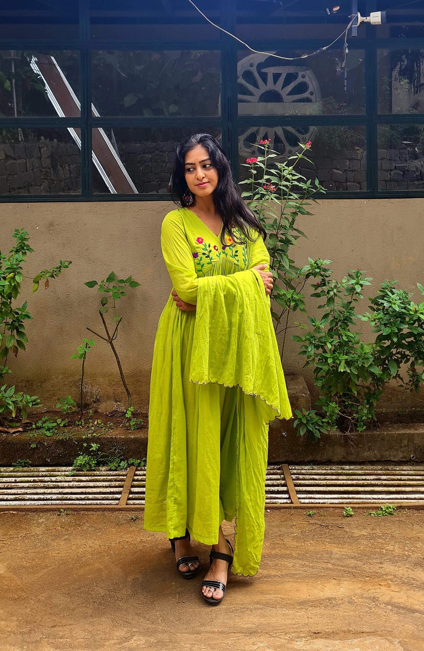 Parrot Green Alia Cut Mul Cotton Top with Dupatta | Hand Embroidery Elegance