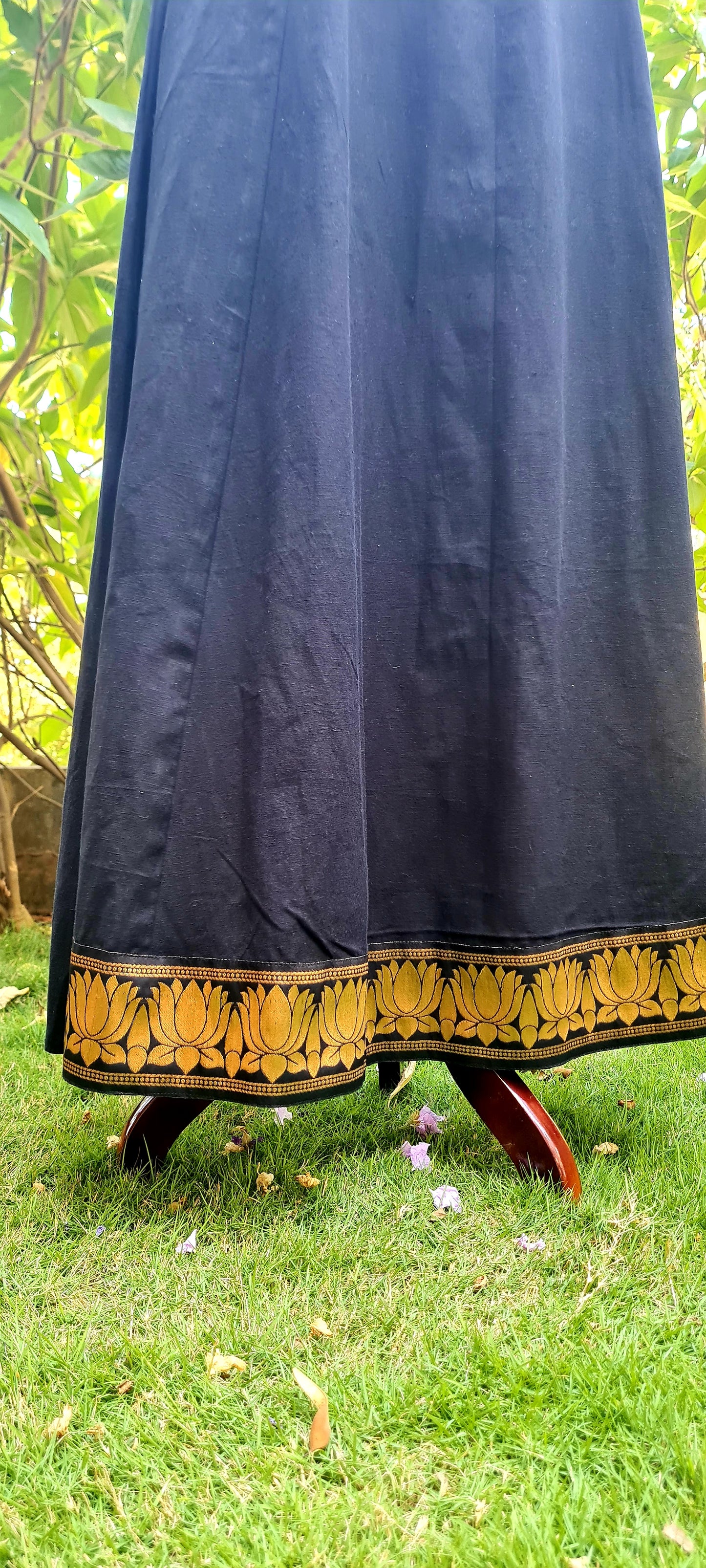 Lotus Bloom: Elegant Black Cotton Frock