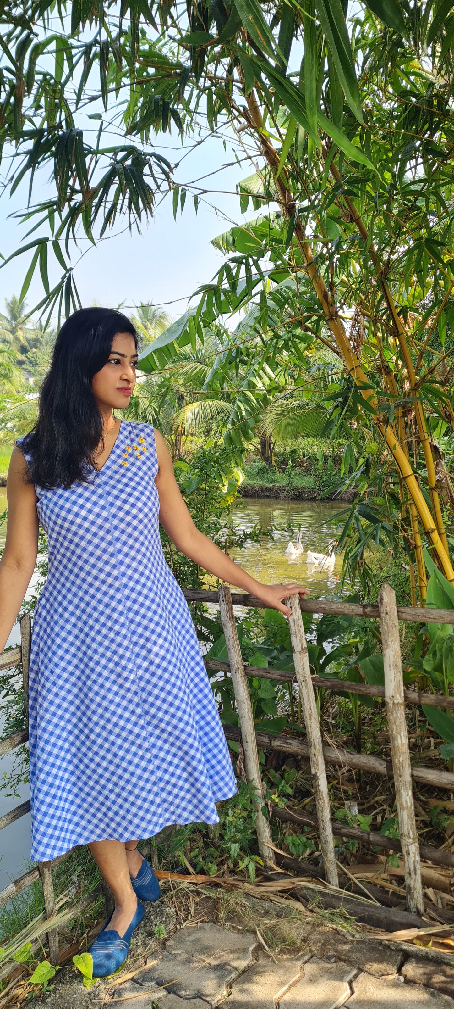 Checkmate Chic: Blue & White Cotton Frock with Hand Embroidered cotton dress.