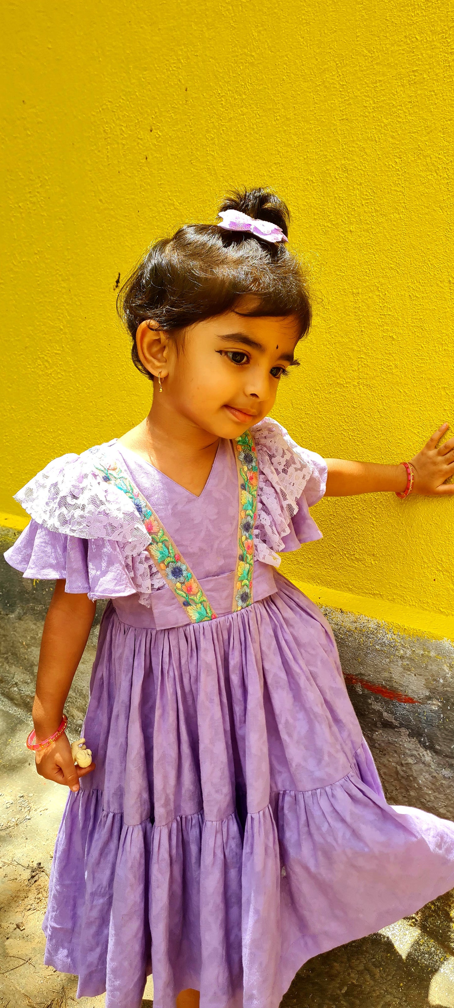 Enchanting Lavender Jacquard Cotton Kids' Frock with Floral Embellishments