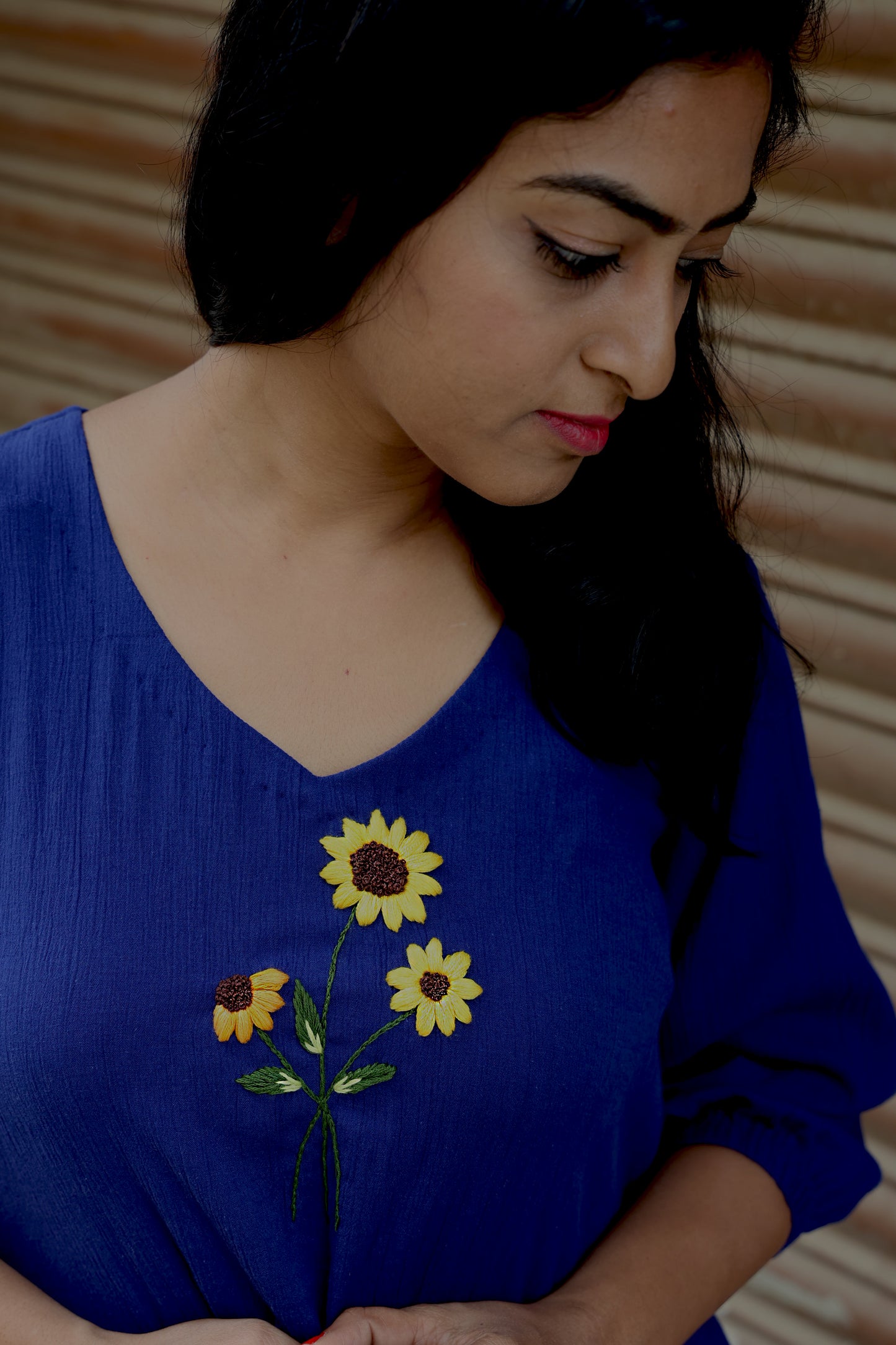 Dreams - Hand Embroidered Dark Blue Cotton Relaxed Fit Frock