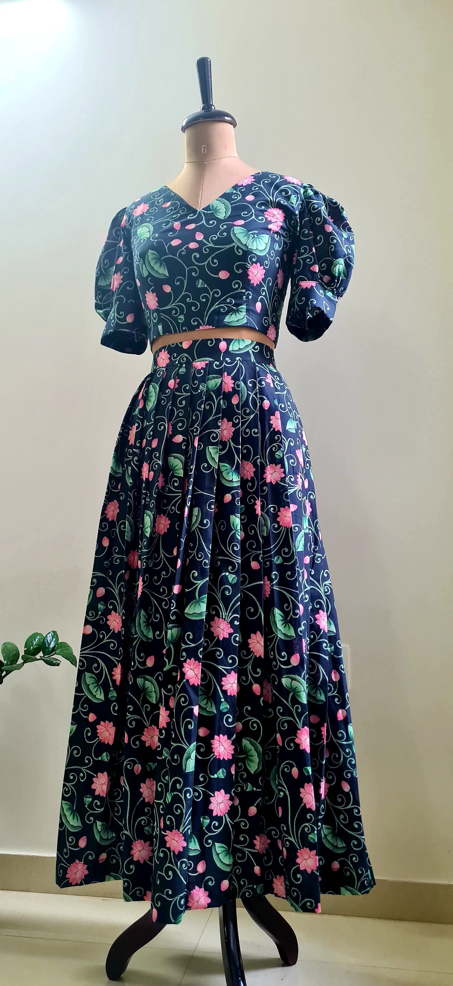 Eternal Elegance: Black Cotton Lotus Print Skirt and Top Ensemble
