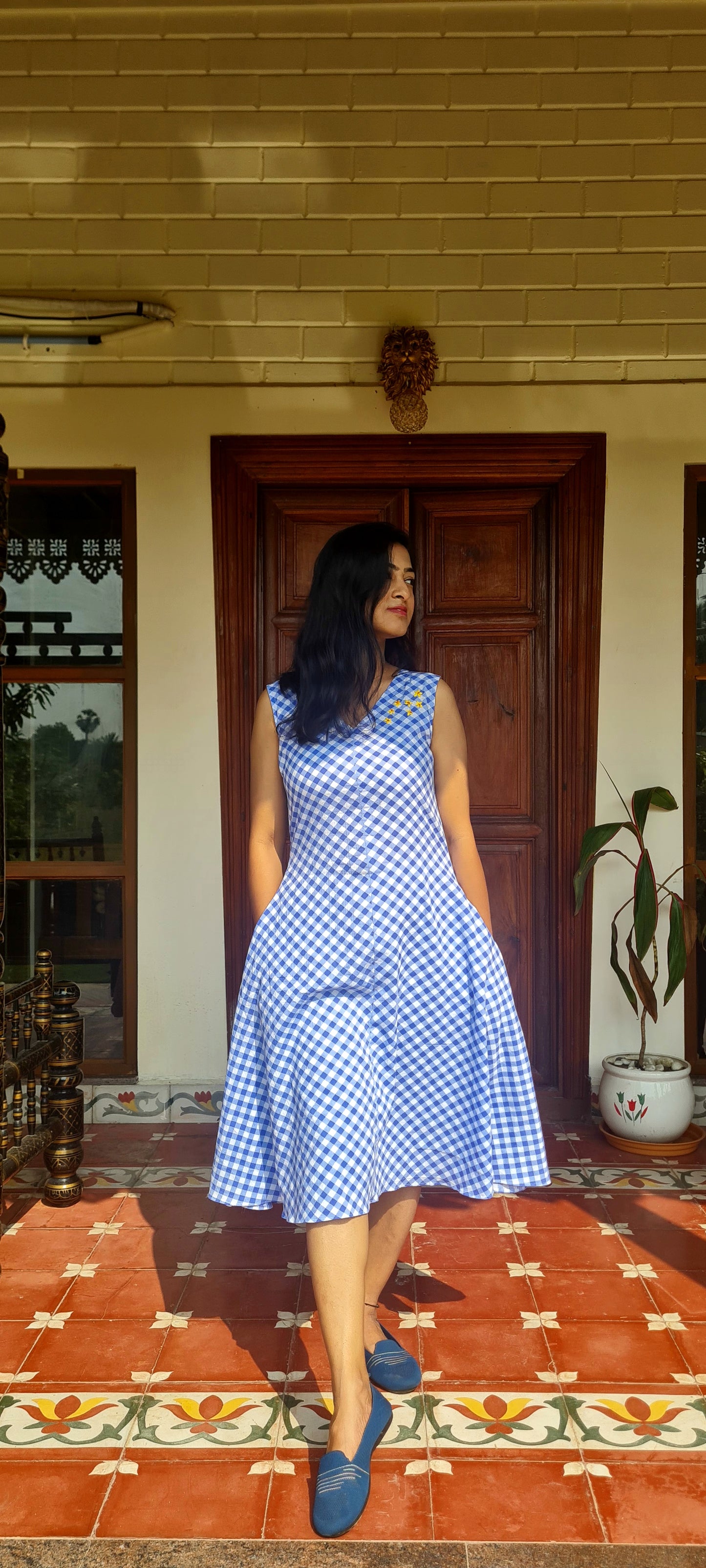 Checkmate Chic: Blue & White Cotton Frock with Hand Embroidered cotton dress.
