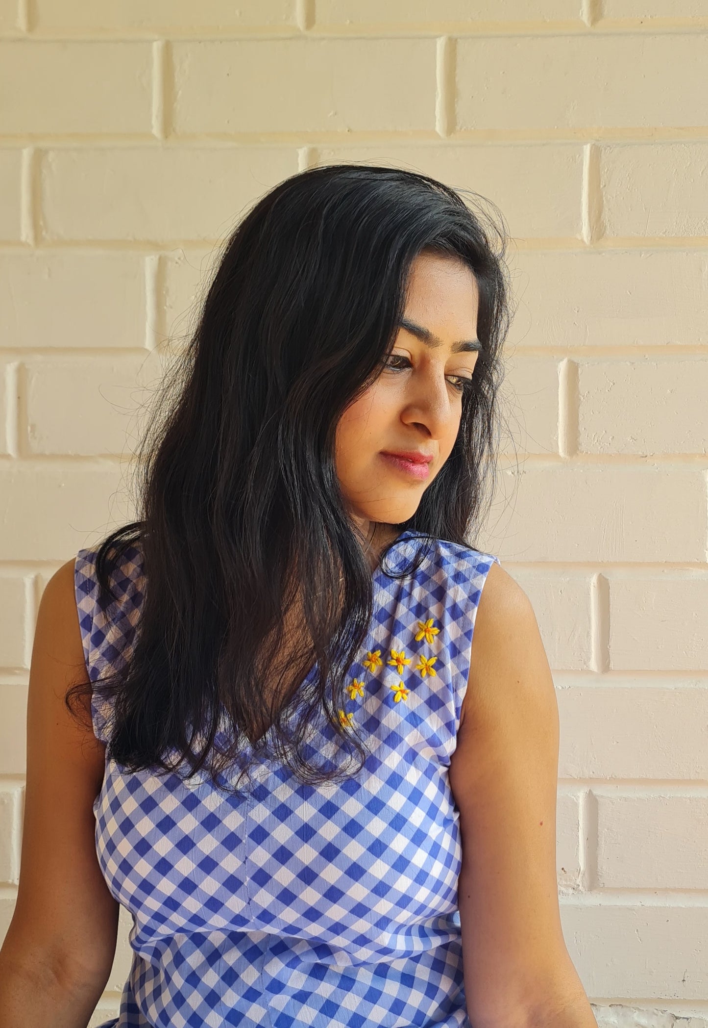 Checkmate Chic: Blue & White Cotton Frock with Hand Embroidered cotton dress.