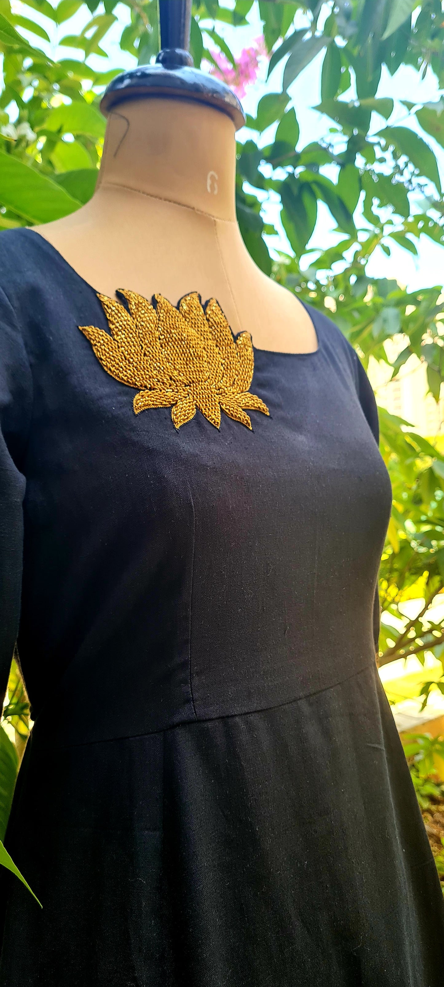 Lotus Bloom: Elegant Black Cotton Frock