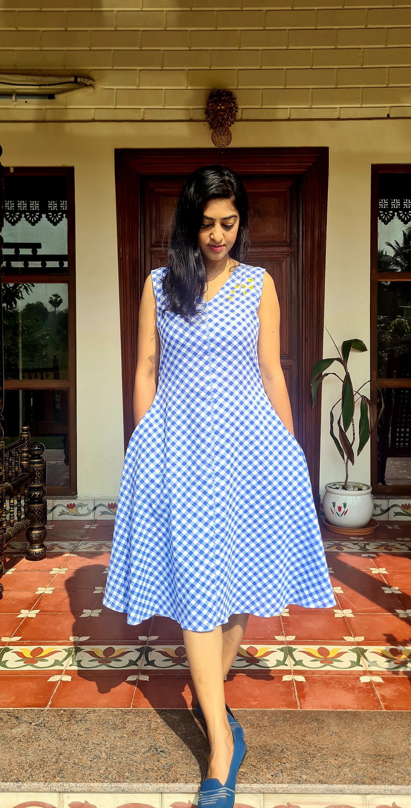 Checkmate Chic: Blue & White Cotton Frock with Hand Embroidered cotton dress.