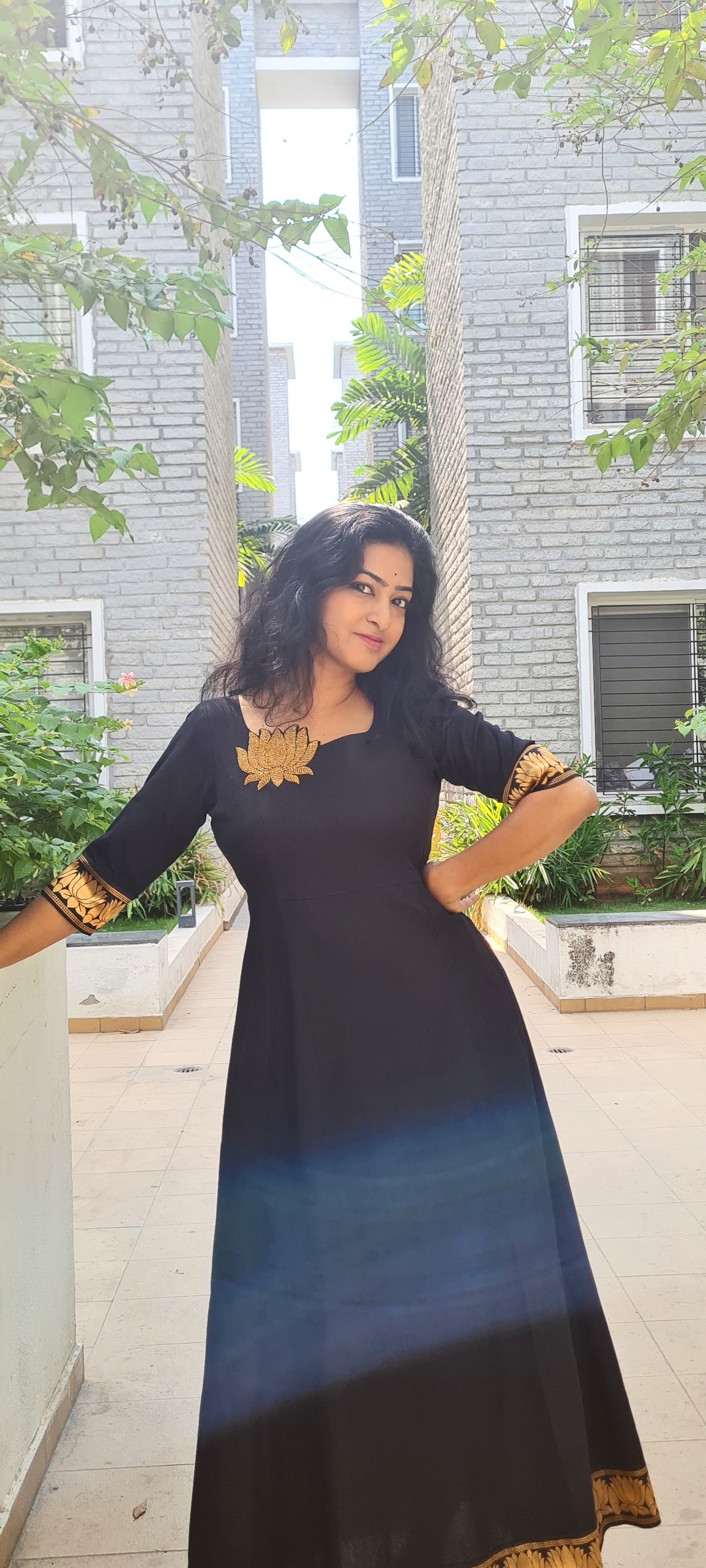 Lotus Bloom: Elegant Black Cotton Frock