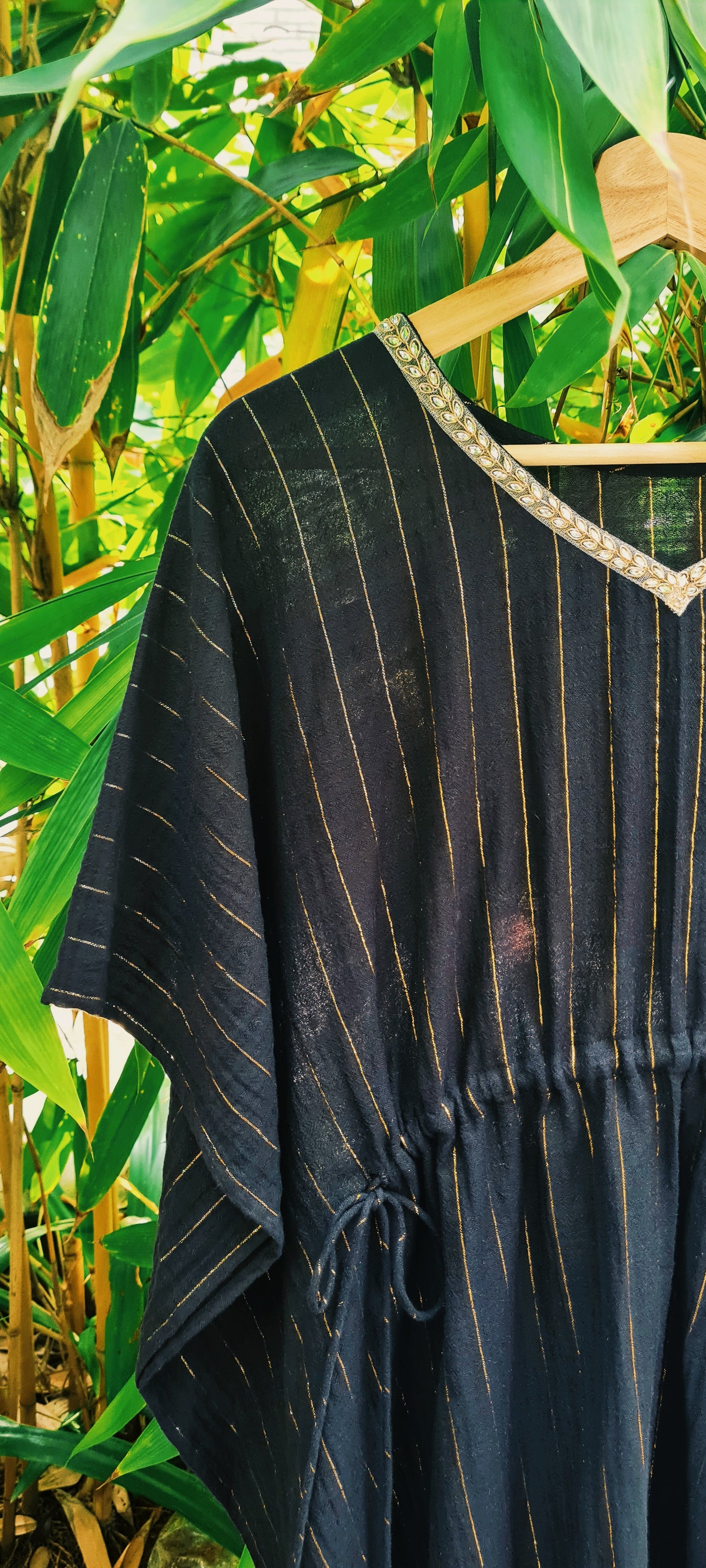 Black Gold Stripe Cotton Kaftan With Kundan Neck Work..