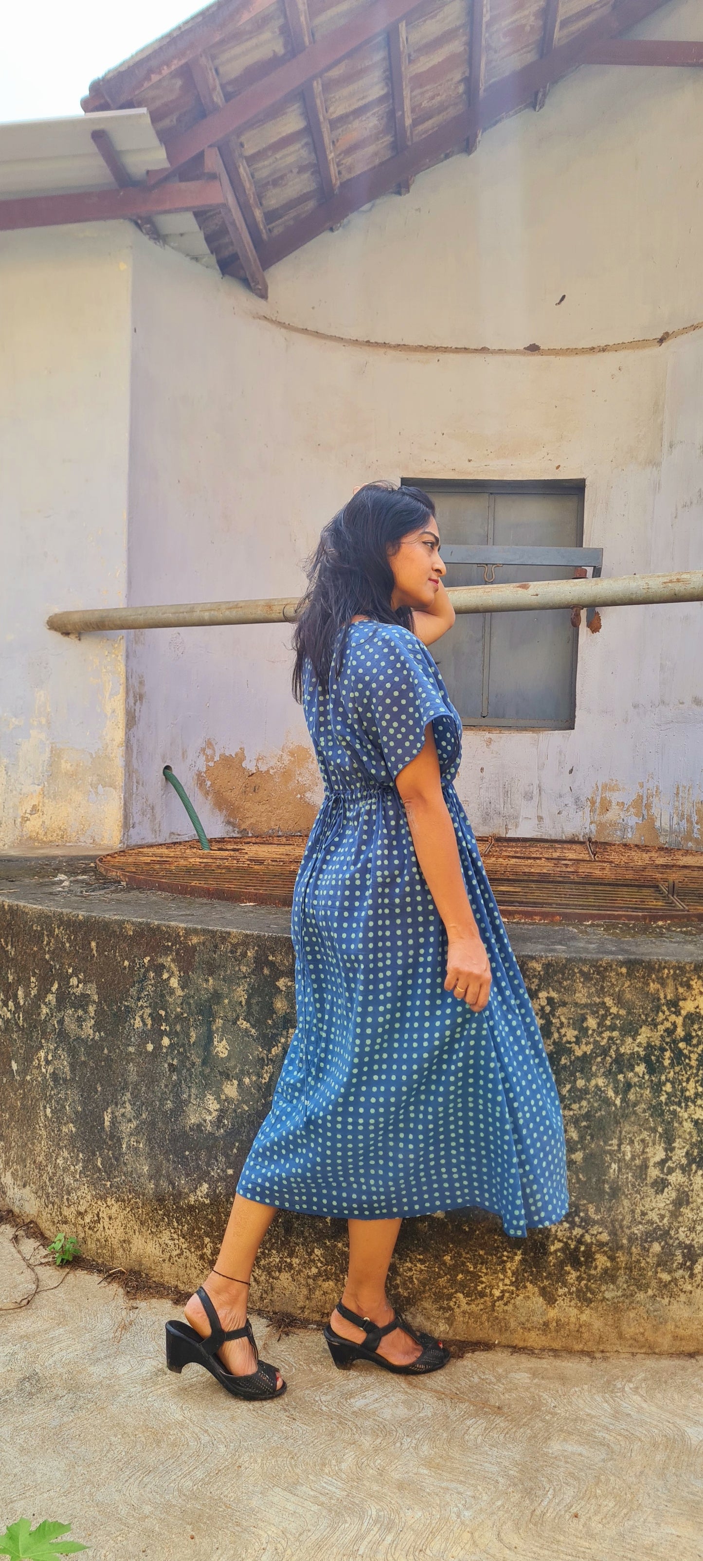 Breezy Elegance: Blue Polka Mul Cotton Kaftan Frock