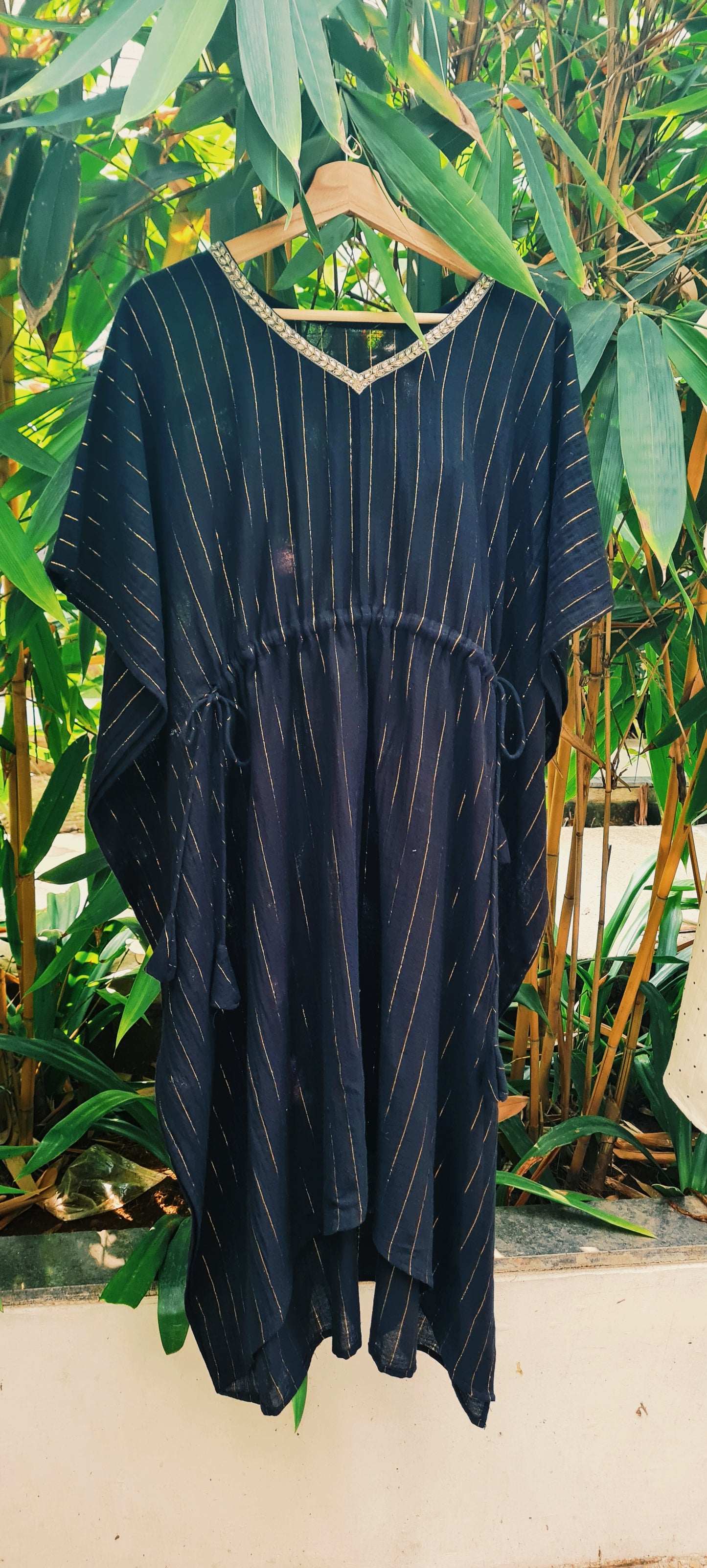 Black Gold Stripe Cotton Kaftan With Kundan Neck Work..