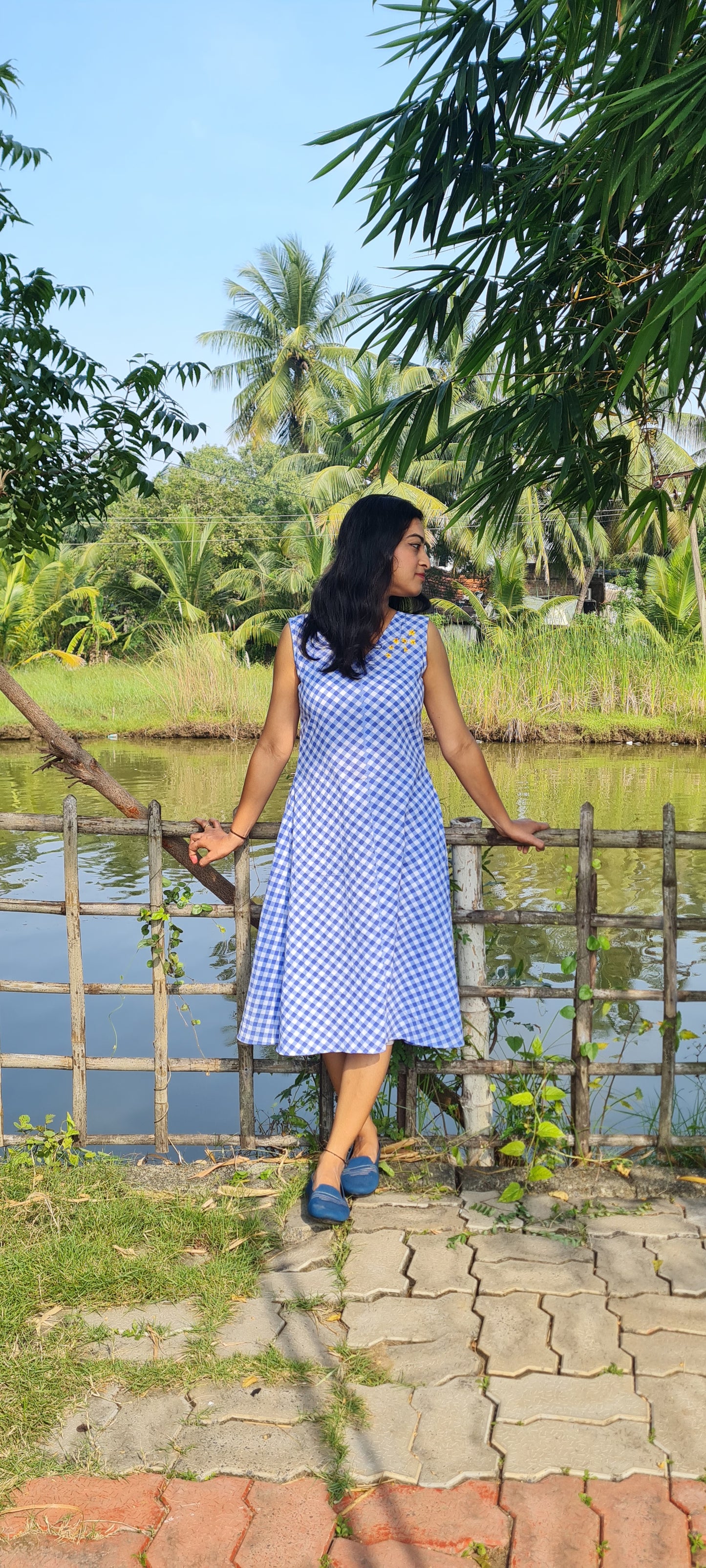 Checkmate Chic: Blue & White Cotton Frock with Hand Embroidered cotton dress.