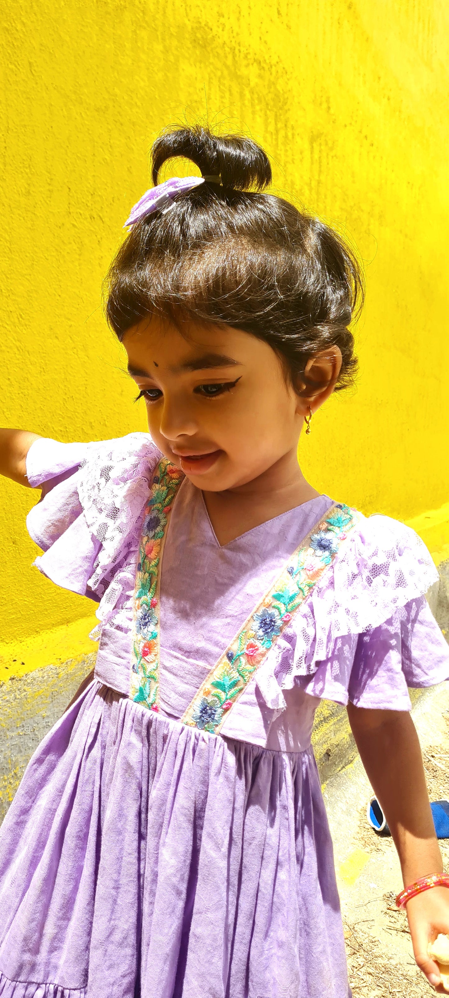Enchanting Lavender Jacquard Cotton Kids' Frock with Floral Embellishments