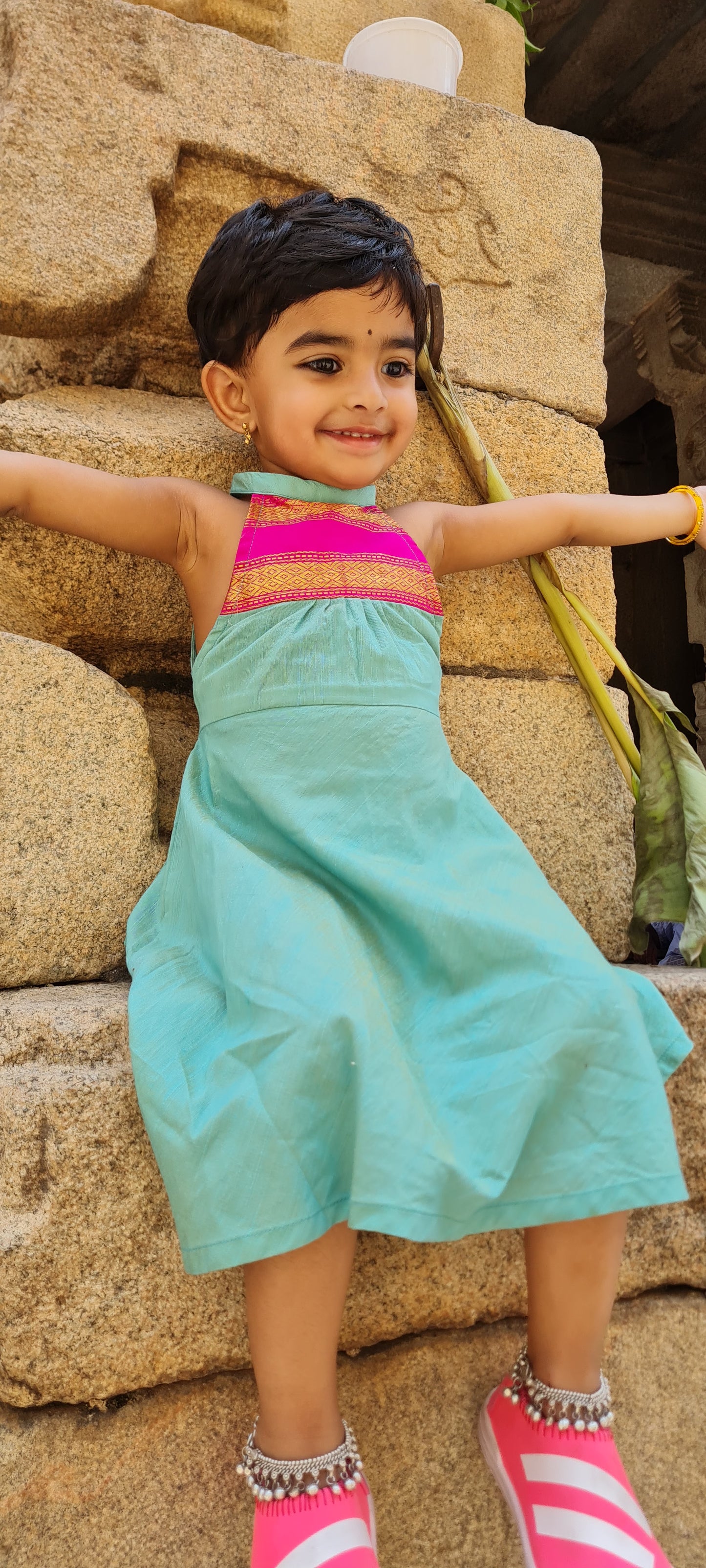 Intricate Elegance: Silk Halter neck with kanchi border frock