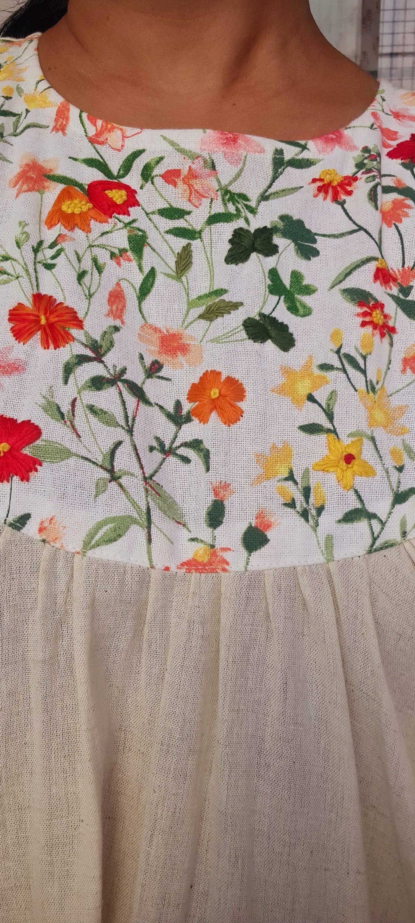 Summer Garden Blooms: Off-White Frock with Hand-Embroidered Floral Patch