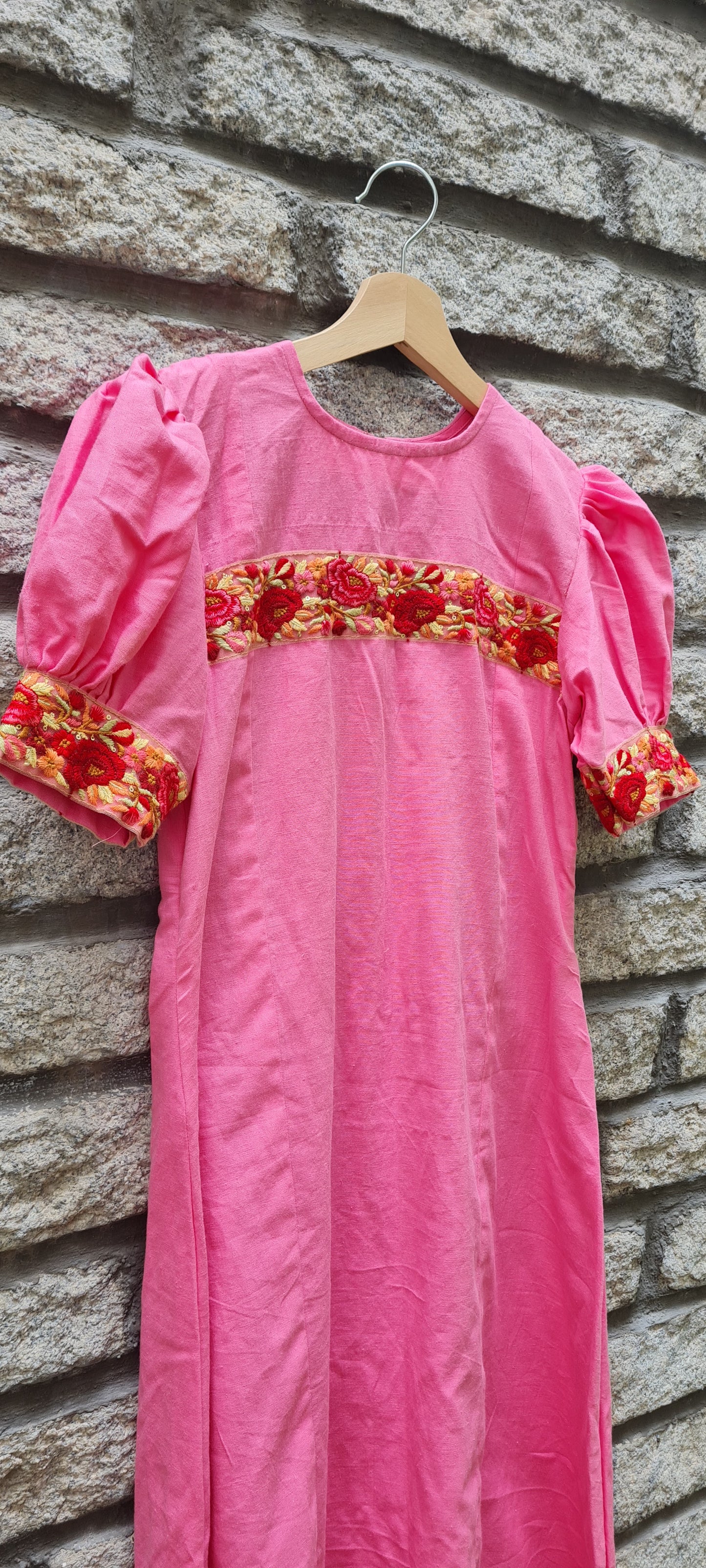 Pink Cotton Frock With Embroidery Patch Work